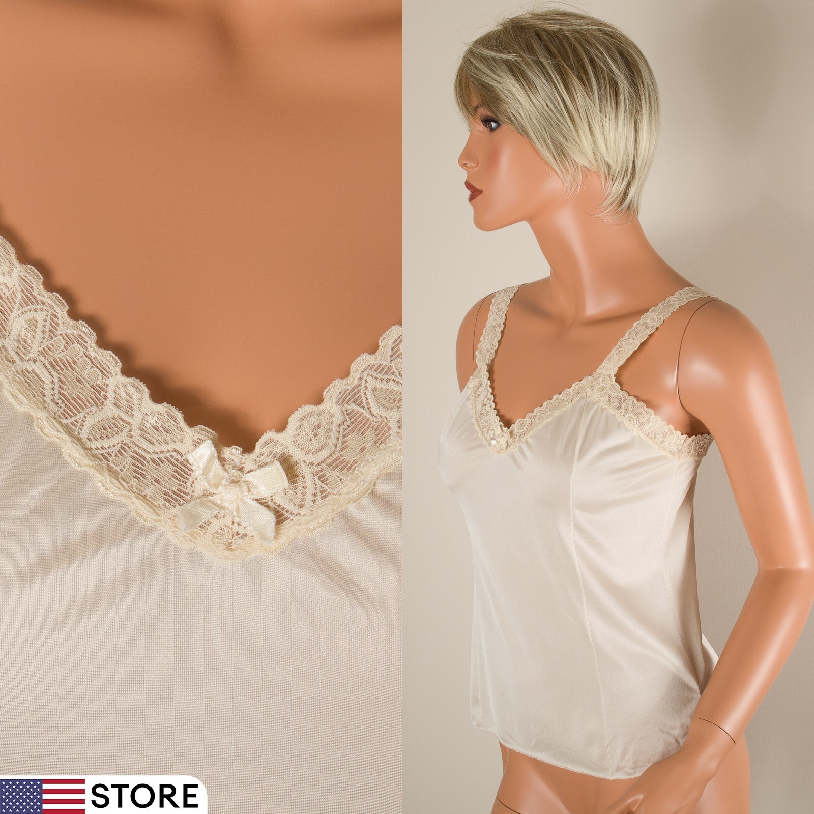 💖 BARI Vintage Size S Ivory Silky Nylon Cami Tank Top Elastic Lace Strap Trim