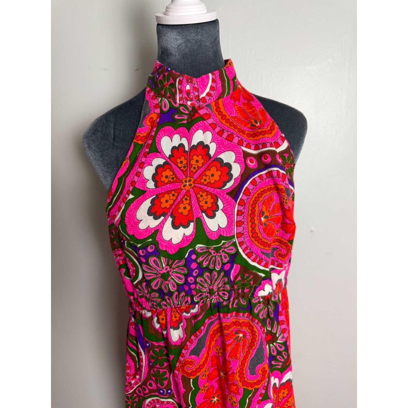 Vintage 70s Psychedelic Paisley Floral Halter Maxi Dress hippie boho 60’s pink