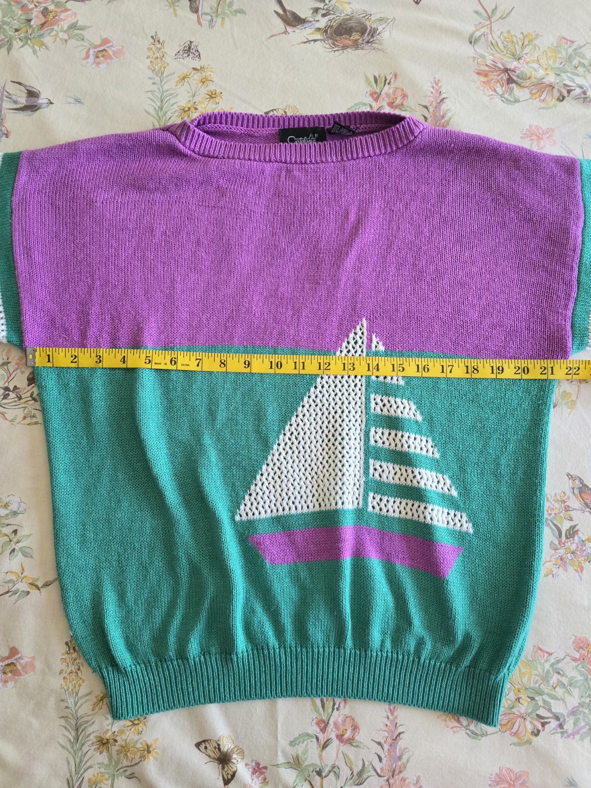 Vintage 1980s Catalina Sailboat Blouse Pastel Sweater Womens Large XL Nautical