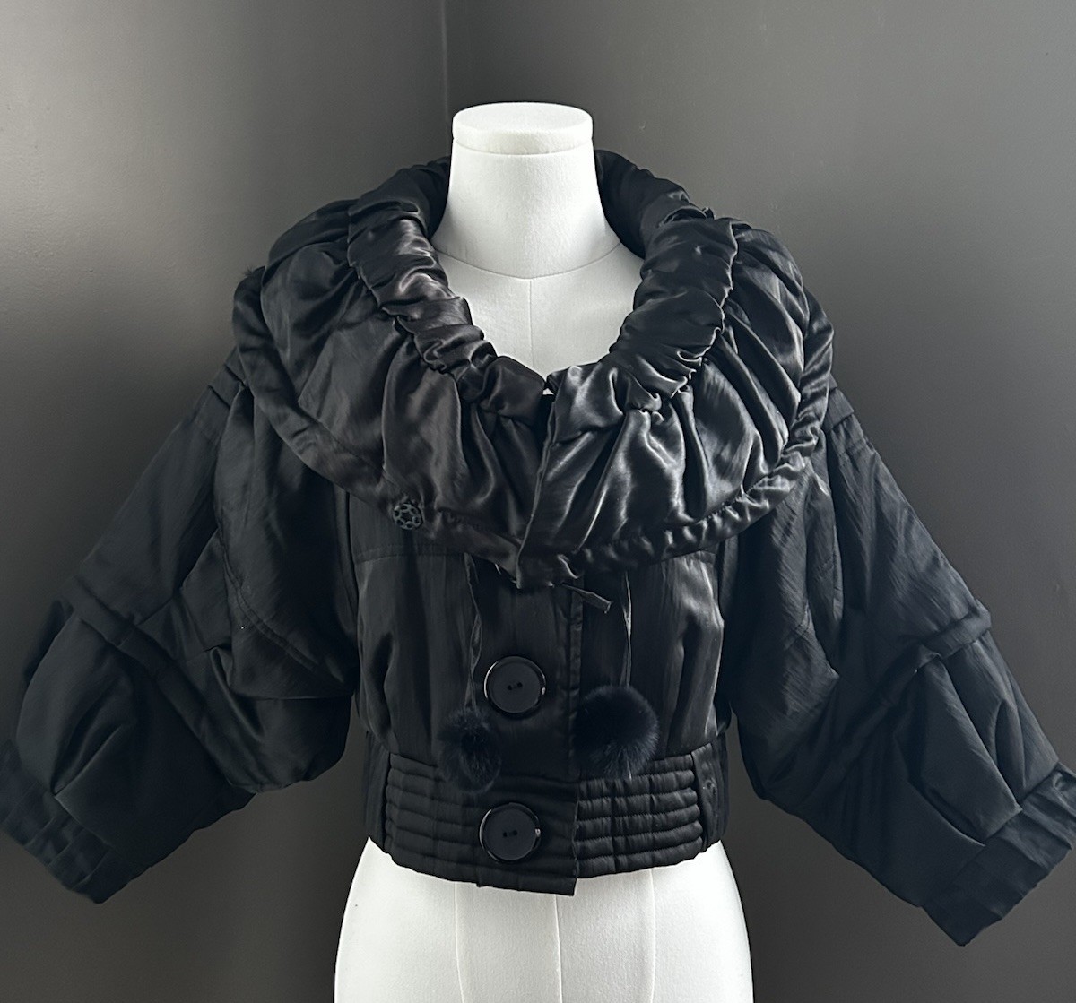 Dark Romantic Vintage Black SatinRuffle Capelet Jacket Fur Hood Pom Pom S