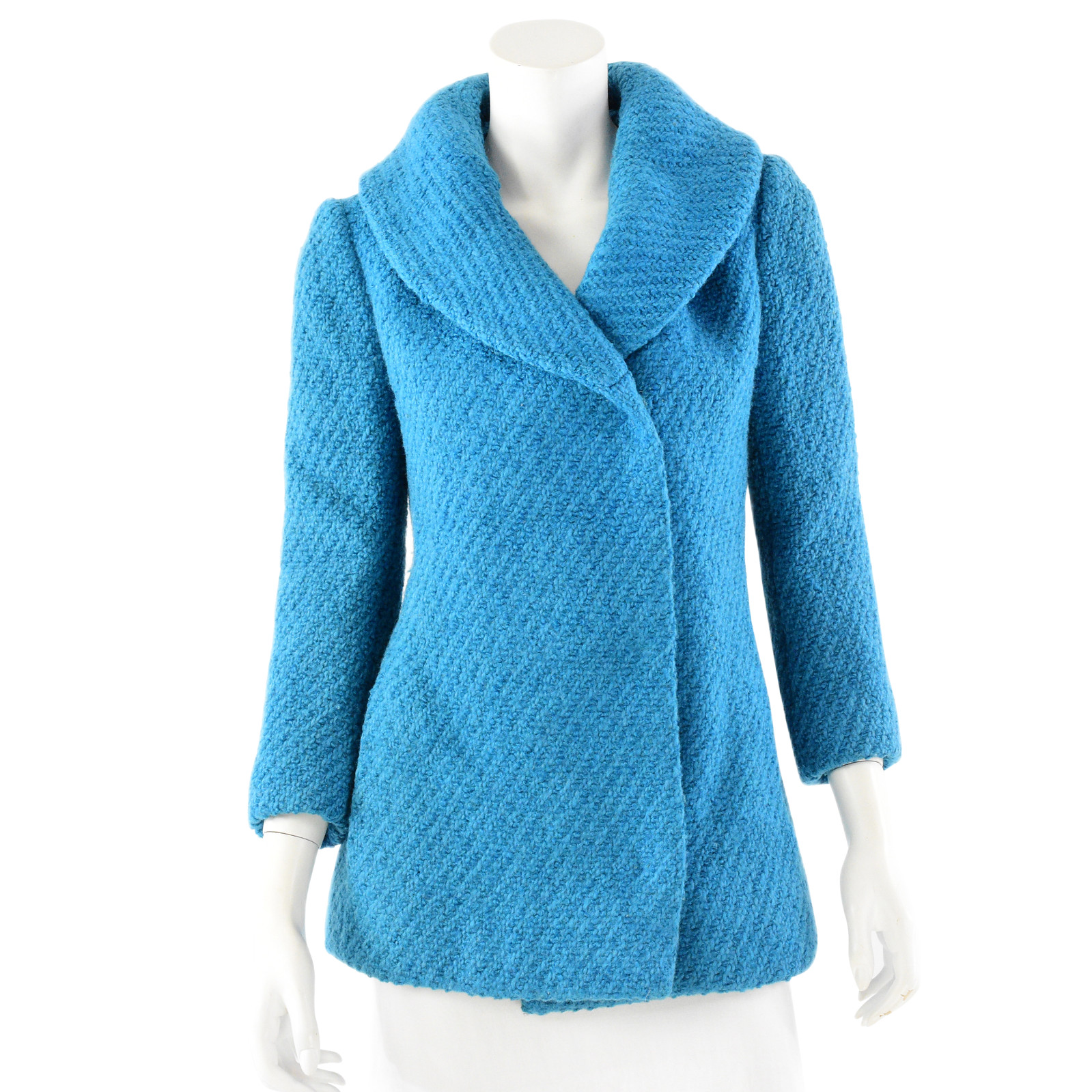 60s Vintage Turquoise Blue Bouclé Wool Asymmetrical Coat Womens M Statement Mod