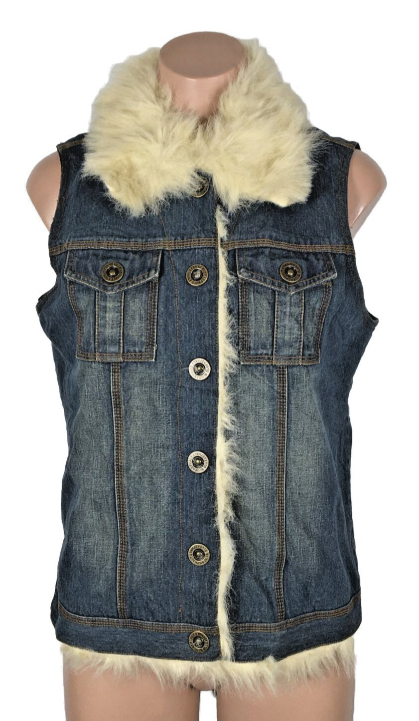 Blue Asphalt Dark Denim Vest Faux fur trim nylon interior VTG 90s y2k Grunge M