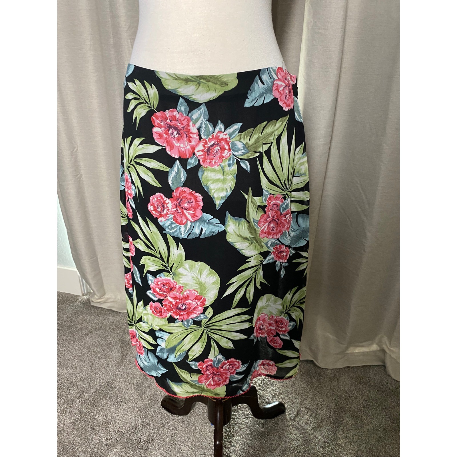 Nine & Company Vintage 90s Tropical Floral Midi Skirt Black Pink Green Size 10