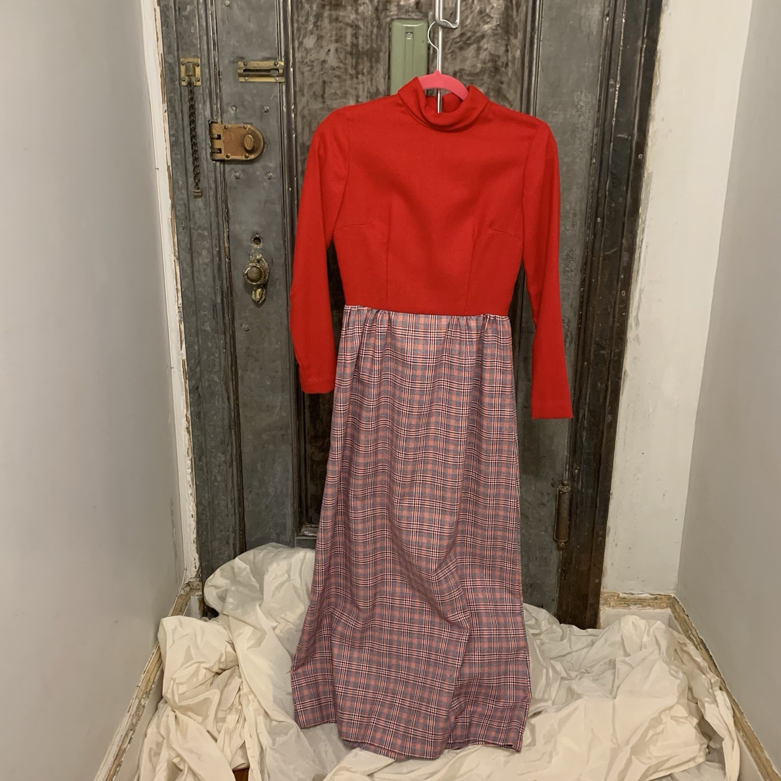 S Vintage 60s 70s long sleeve hostess dress mid century mod red white blue plaid