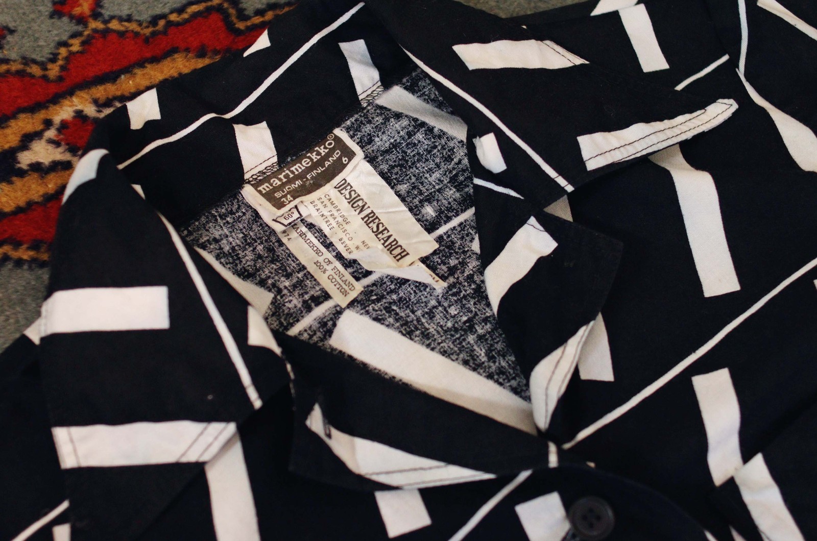 1970s MARIMEKKO Design Research Black White Print Collared shirtdress dress
