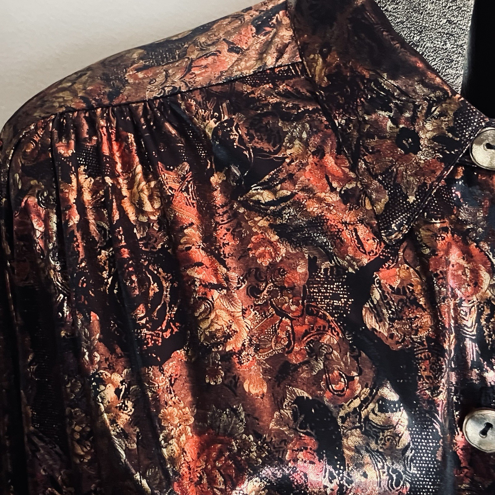VTG Foil Button Down Blouse 22w Joanne Plus Black Rose Gold Long Sleeve 80s 90s