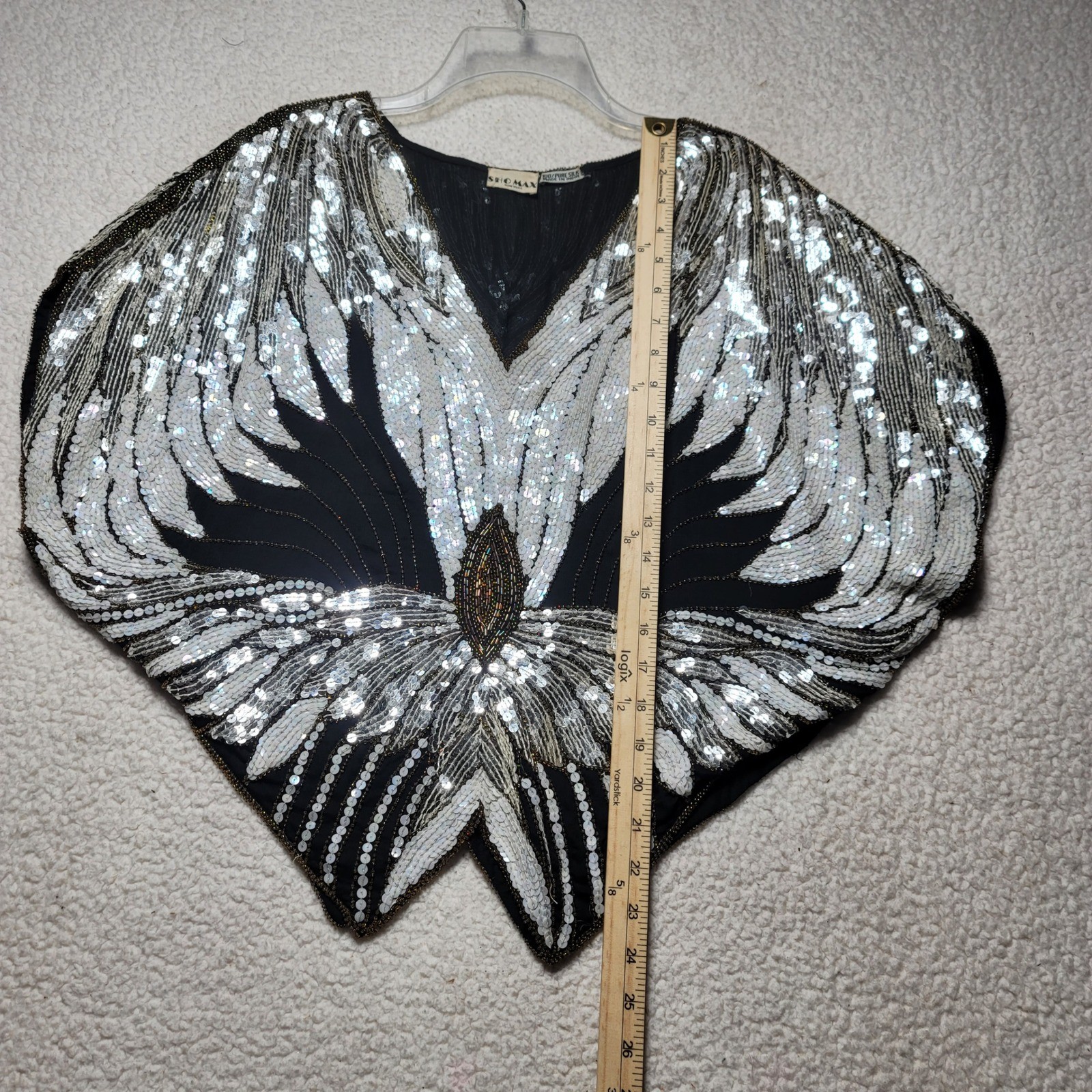 Sho-Max New York Vintage Silk Sequin Beaded Butterfly Top Art Deco Black White