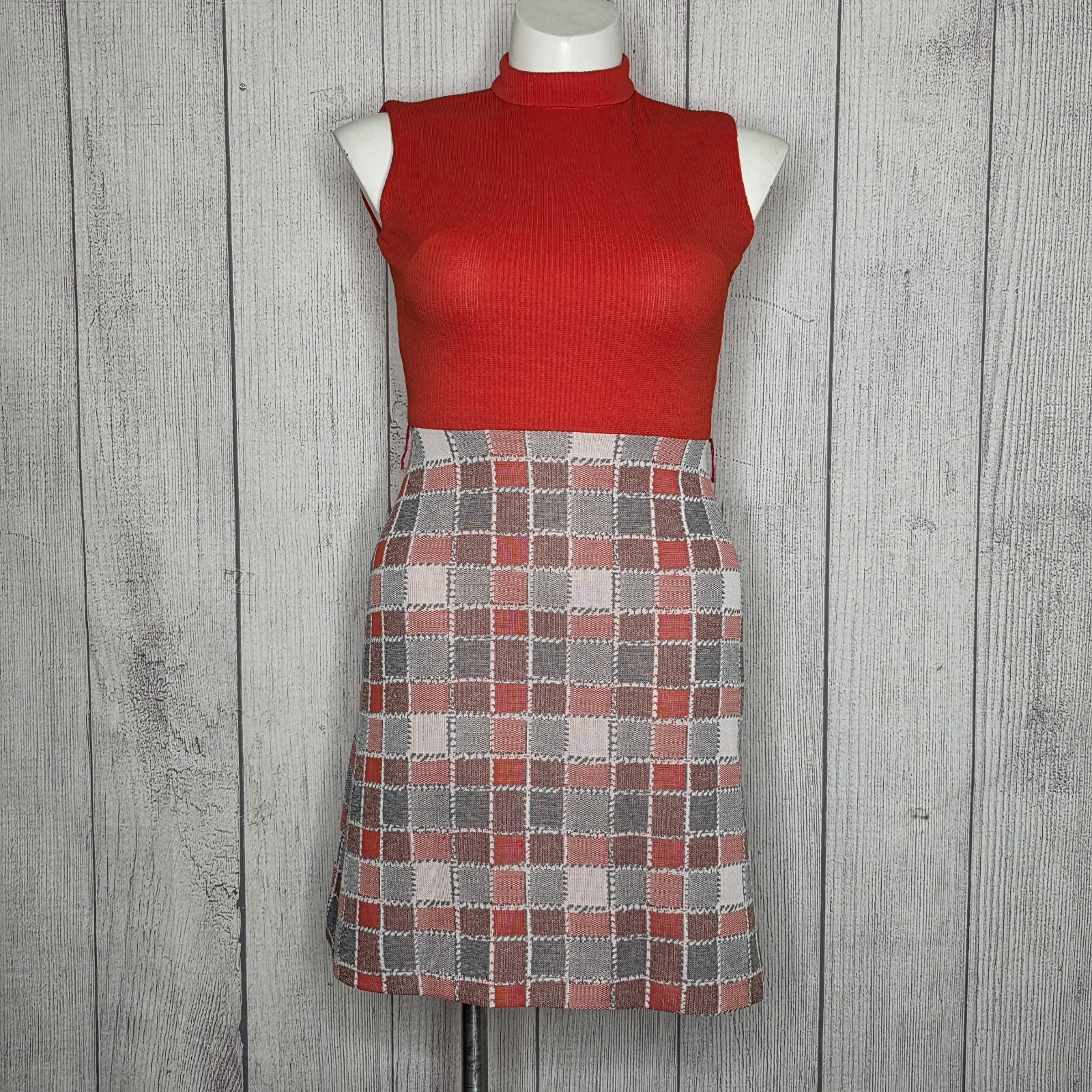 VTG 70s “It’s Better” Orange/Red Plaid Knit Dress & Blazer Set, sz Large