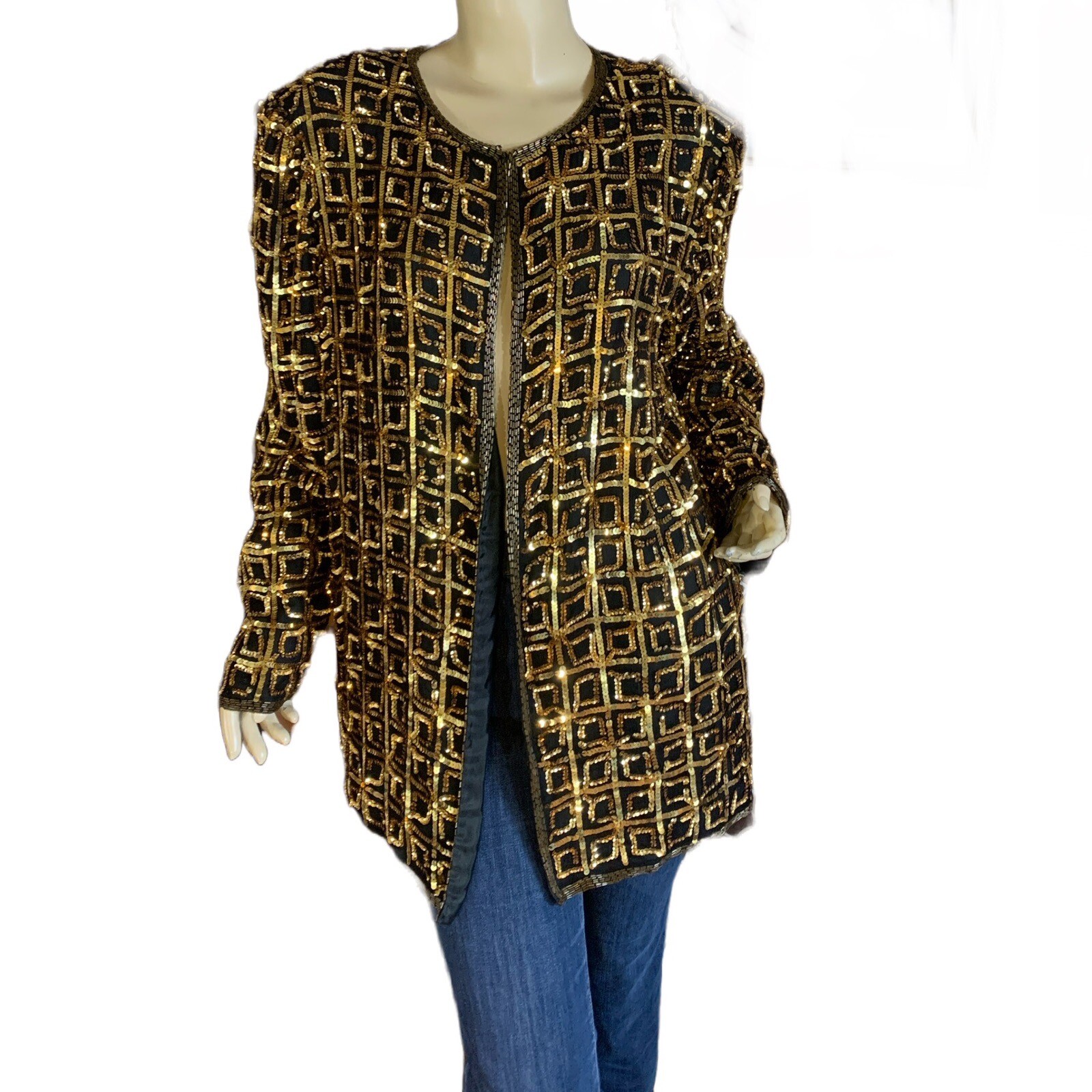 VINTAGE 1980’S CARINA BLACK & GOLD SEQUINS SILK JACKET SIZE XL