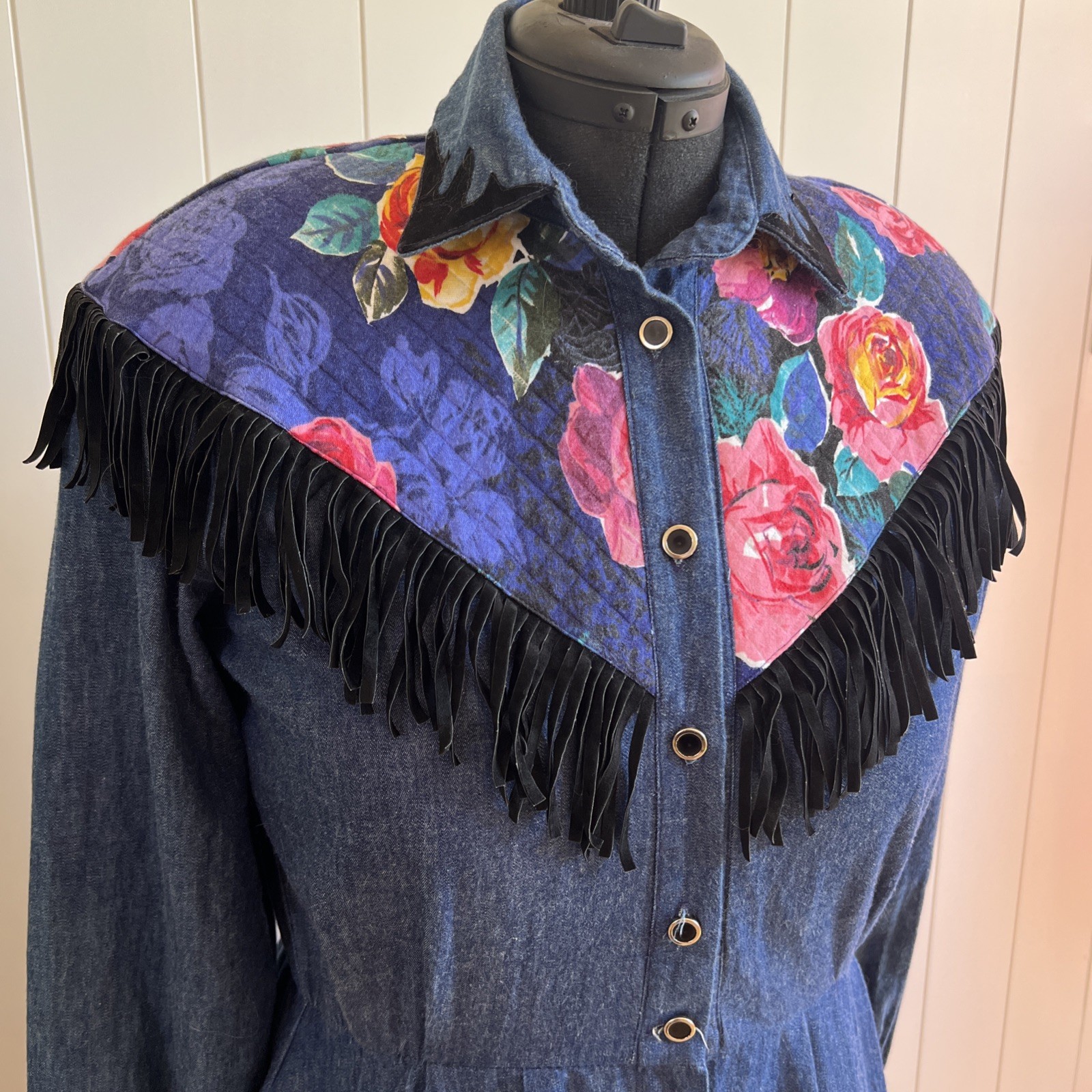 VTG 80s Choon California Denim Maxi Dress Western Floral Quilted Yoke Fringe M L