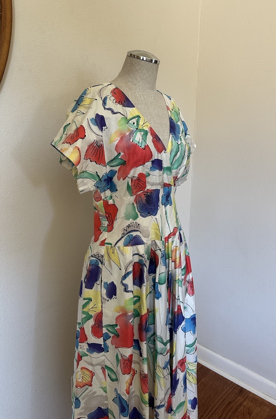 Vintage 90s Kenar 2 Floral Tea Dress Polished Cotton Woman’s M Pockets ￼