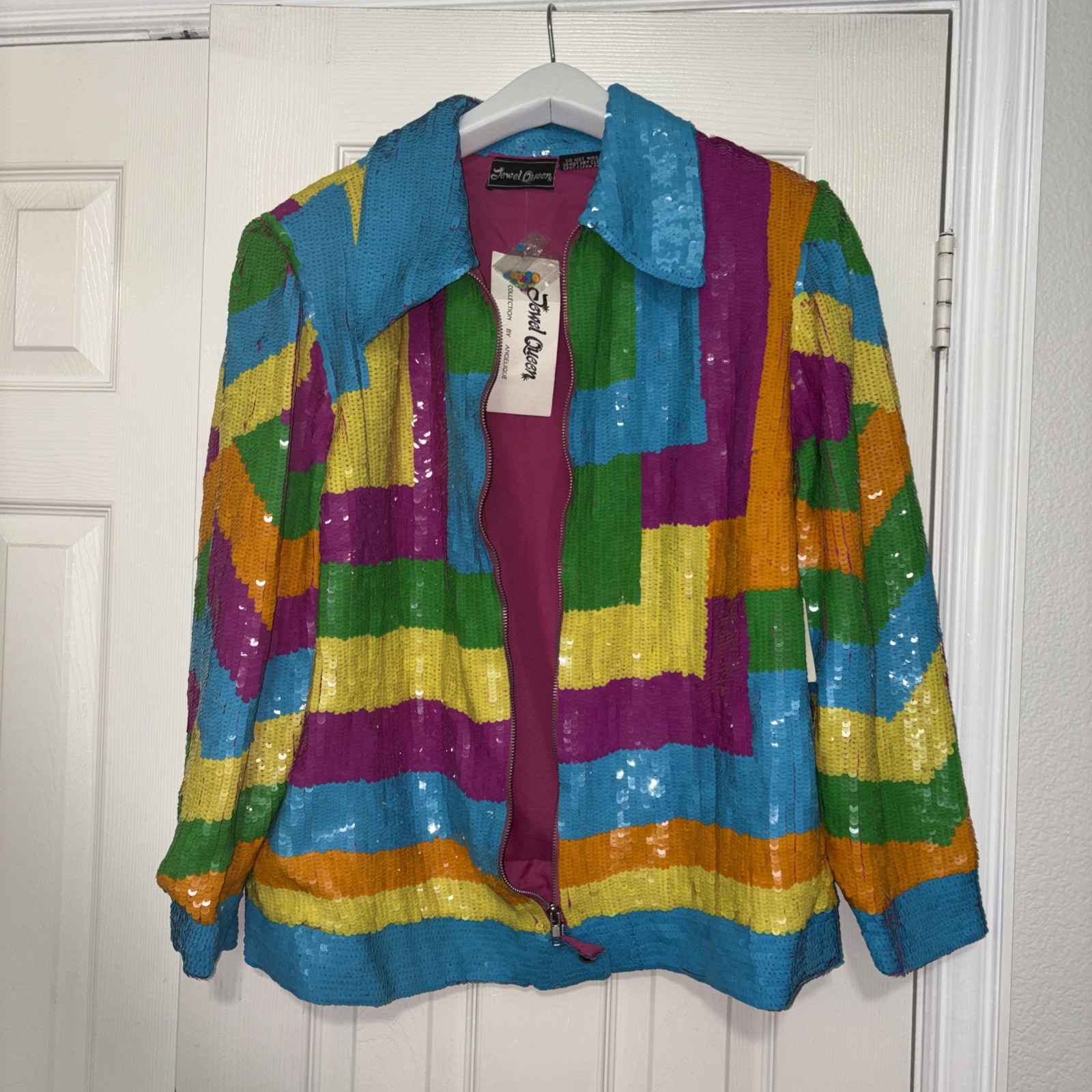 Jewel Queen Vintage Sequin Party Jacket 💯% Silk XL Hand Made in thr 80s NWT