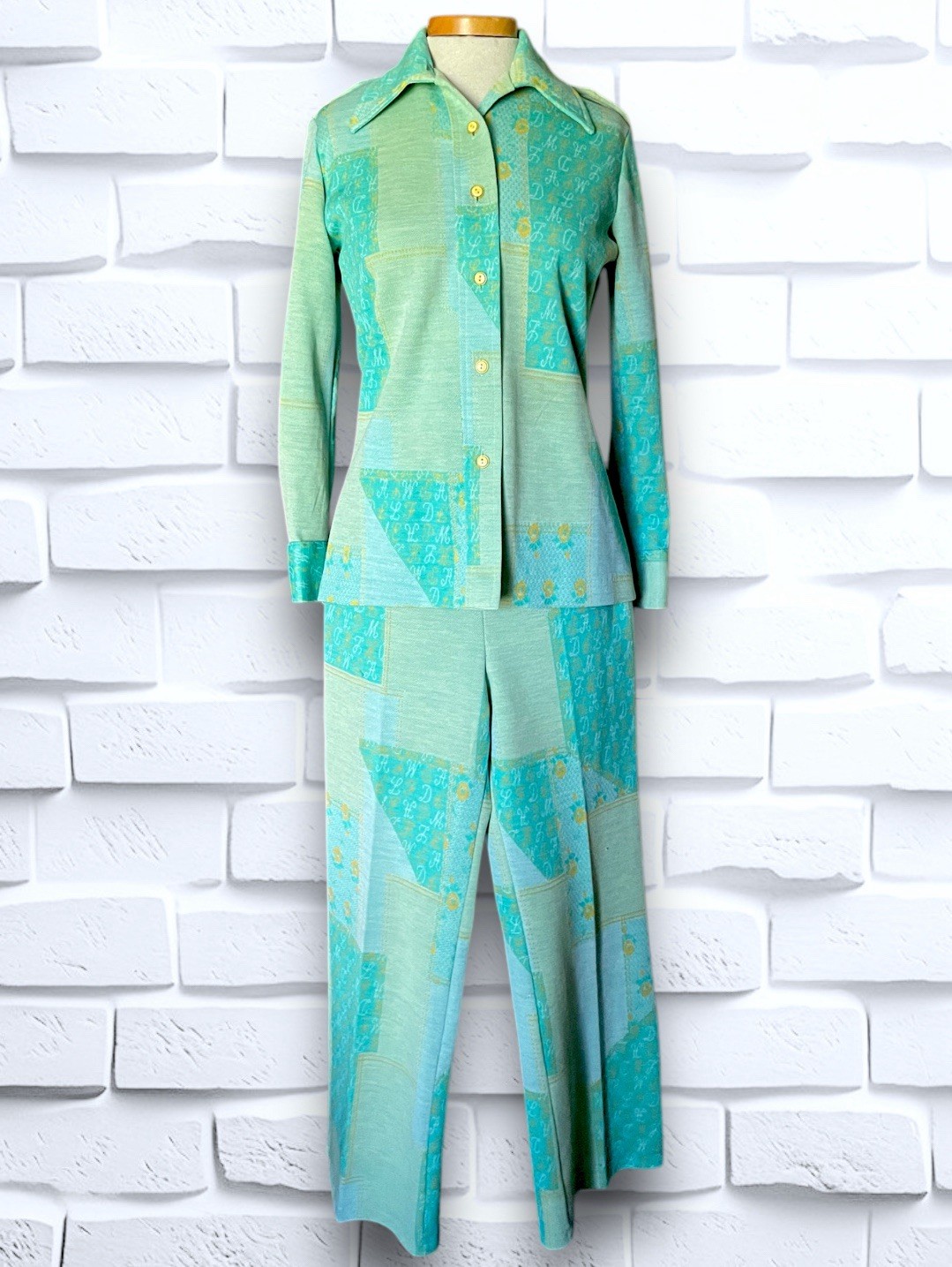 1960’s Teal, Sea Foam Green & Yellow Patchwork & Monogram Pattern Suit Spring