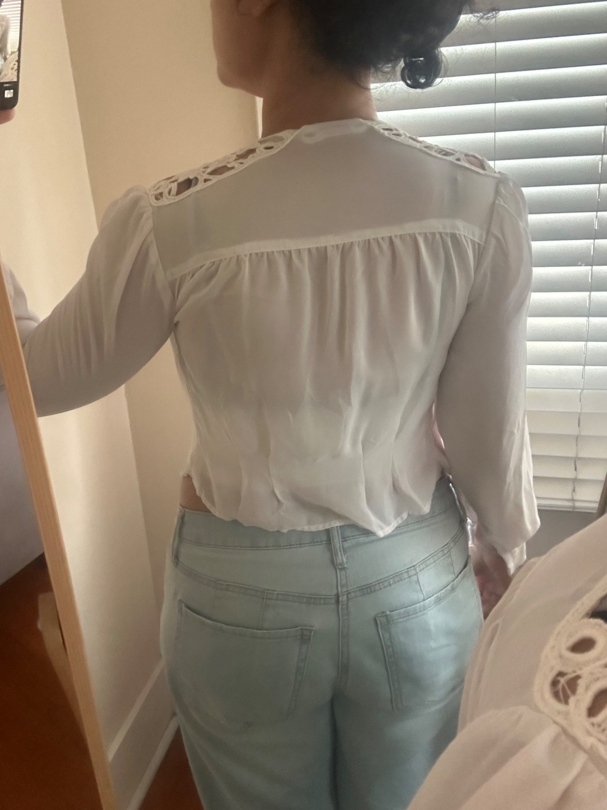Vintage 70’s Boho Lace Yoke Patchwork Long Cuff Sleeve White Button Up Blouse
