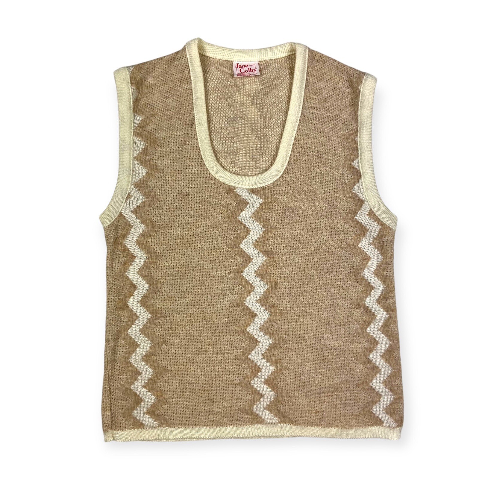 Jane Colby Women’s VTG 1970s Tan Zig Zag Knit Mod Sweater Vest