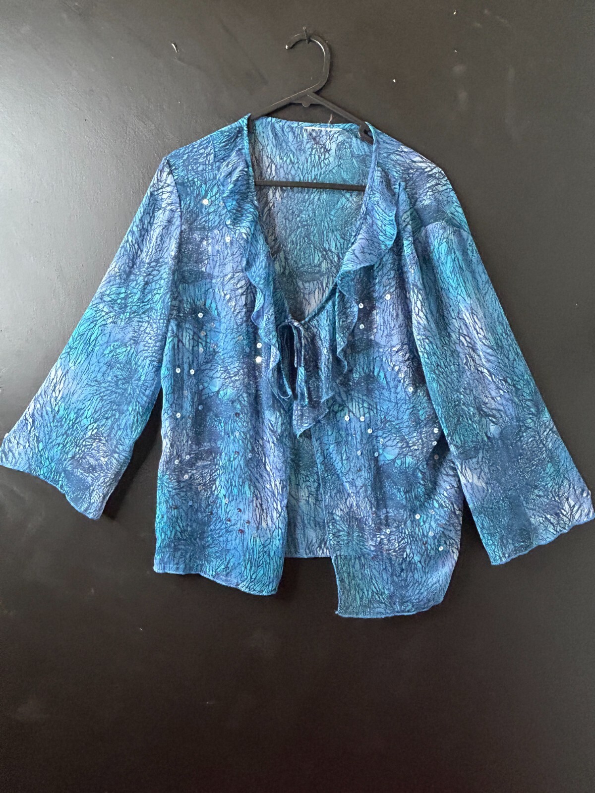 Vintage y2k Ladies Sheer Blue Cascade Ruffle Blouse Sequin Summer Hippie AU 12