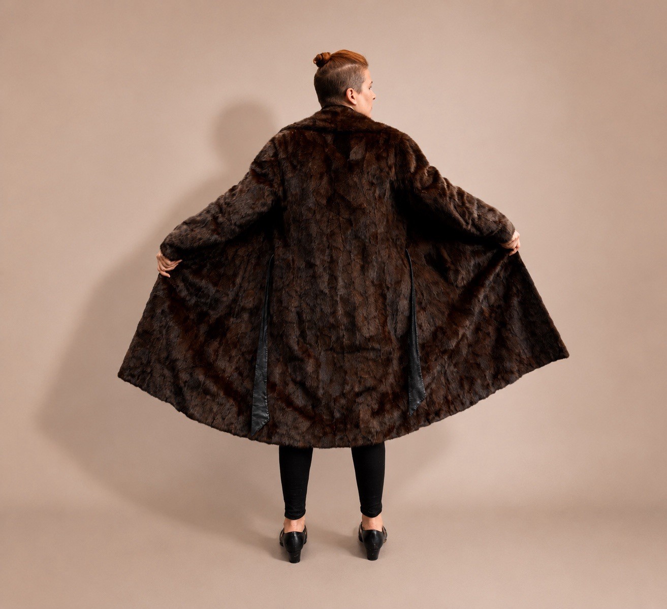 Vintage Full-Length Pieced Ranch Mink Fur Coat Massive Sweep Leather Belt Lux