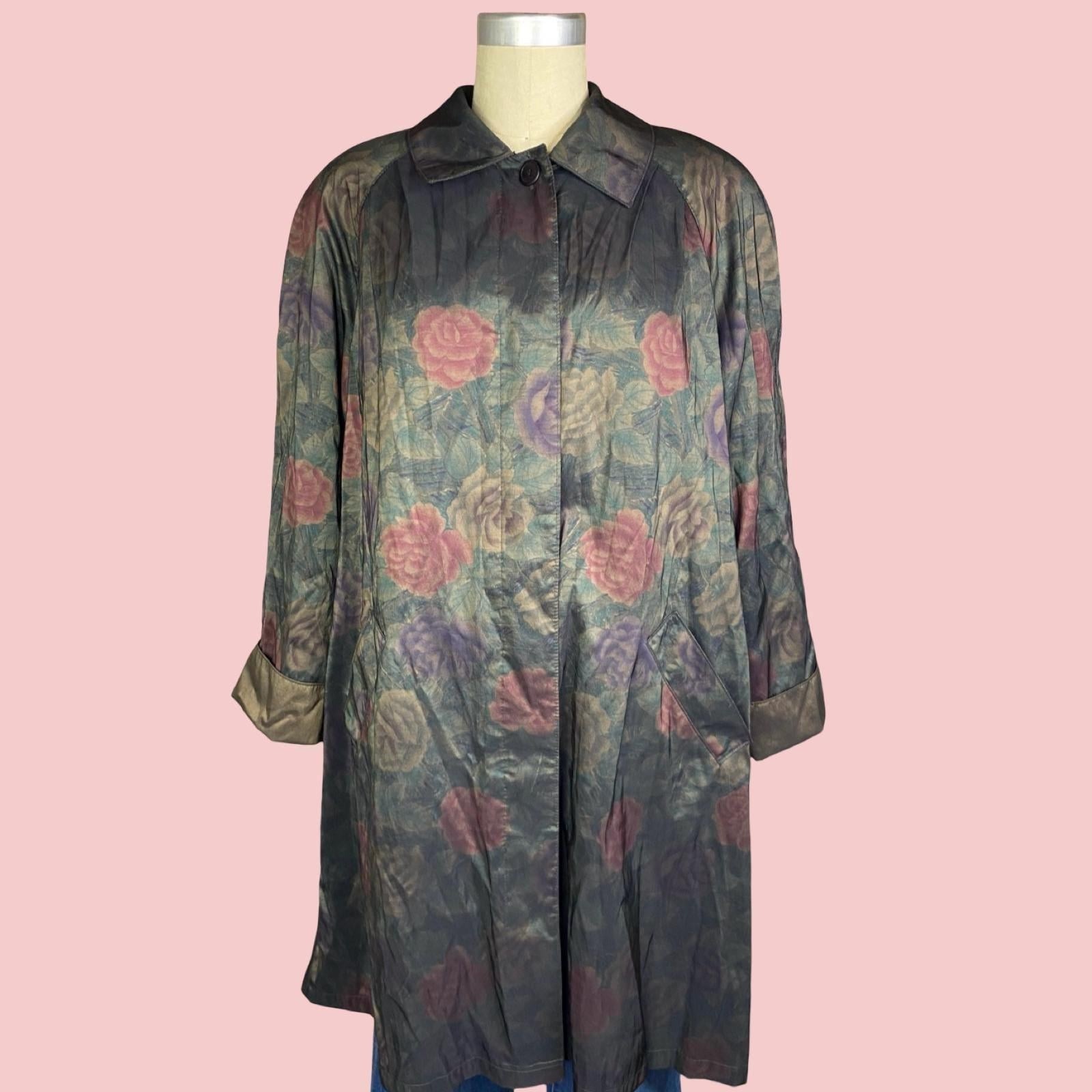 Vintage Iridescent Floral Trench Coat, Cottagecore Windbreaker, Size 10