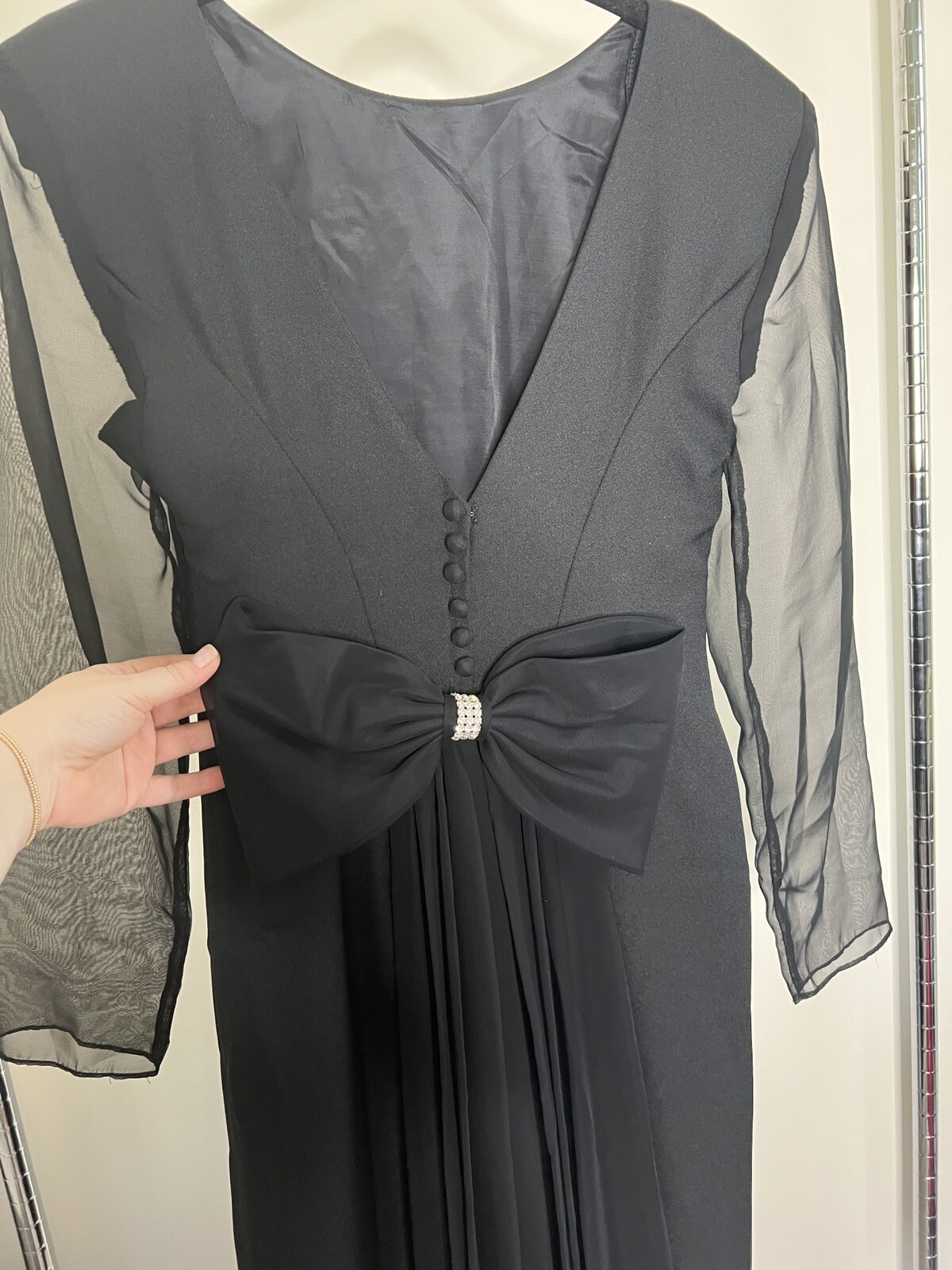 Vintage HW Collections Sz 10 Black Formal Sheath Dress Sheer Sleeves Big Bow 90s