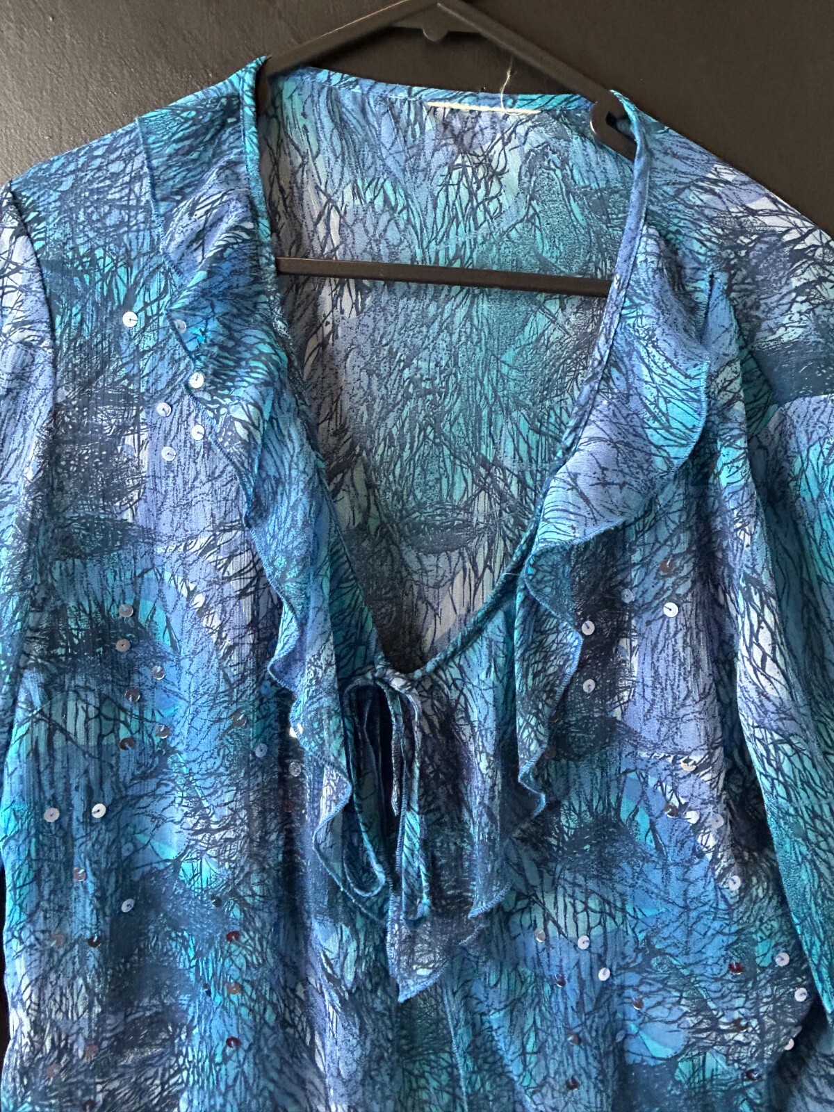 Vintage y2k Ladies Sheer Blue Cascade Ruffle Blouse Sequin Summer Hippie AU 12
