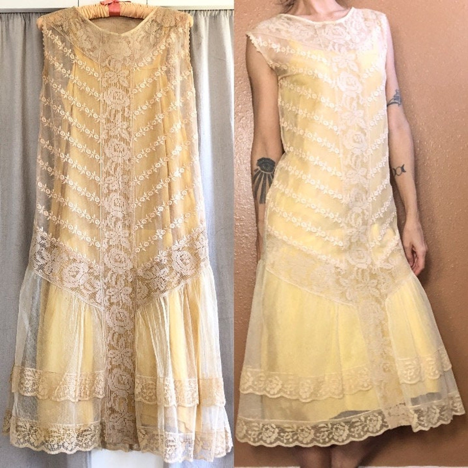 Vintage 1920s Sheer Mesh Net Crochet Drop Waist Dress + Silk Slip Deco Flapper