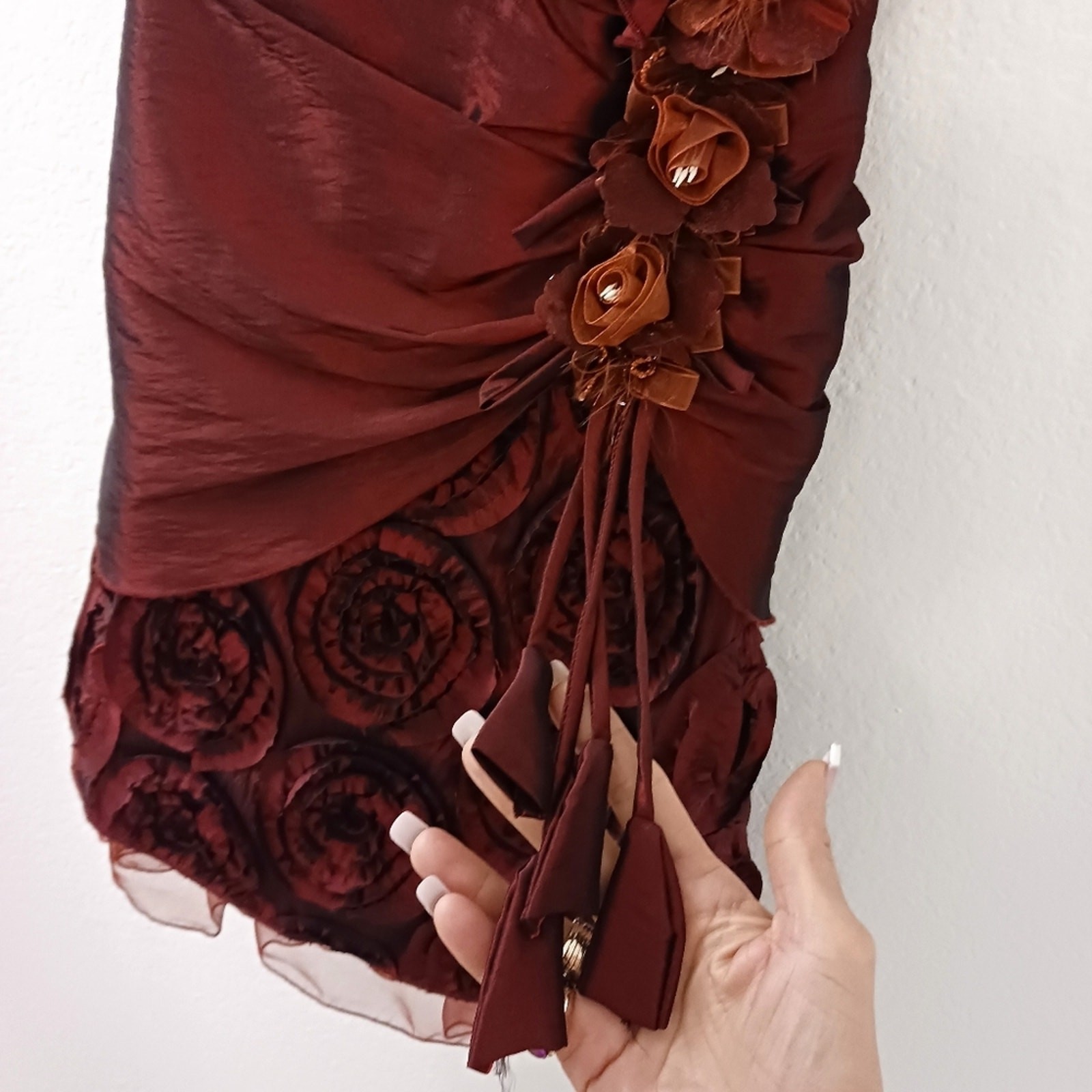 Red Satin Formal Dress 3D Roses Gown XS Burgundy Red Wedding Prom Evening Party