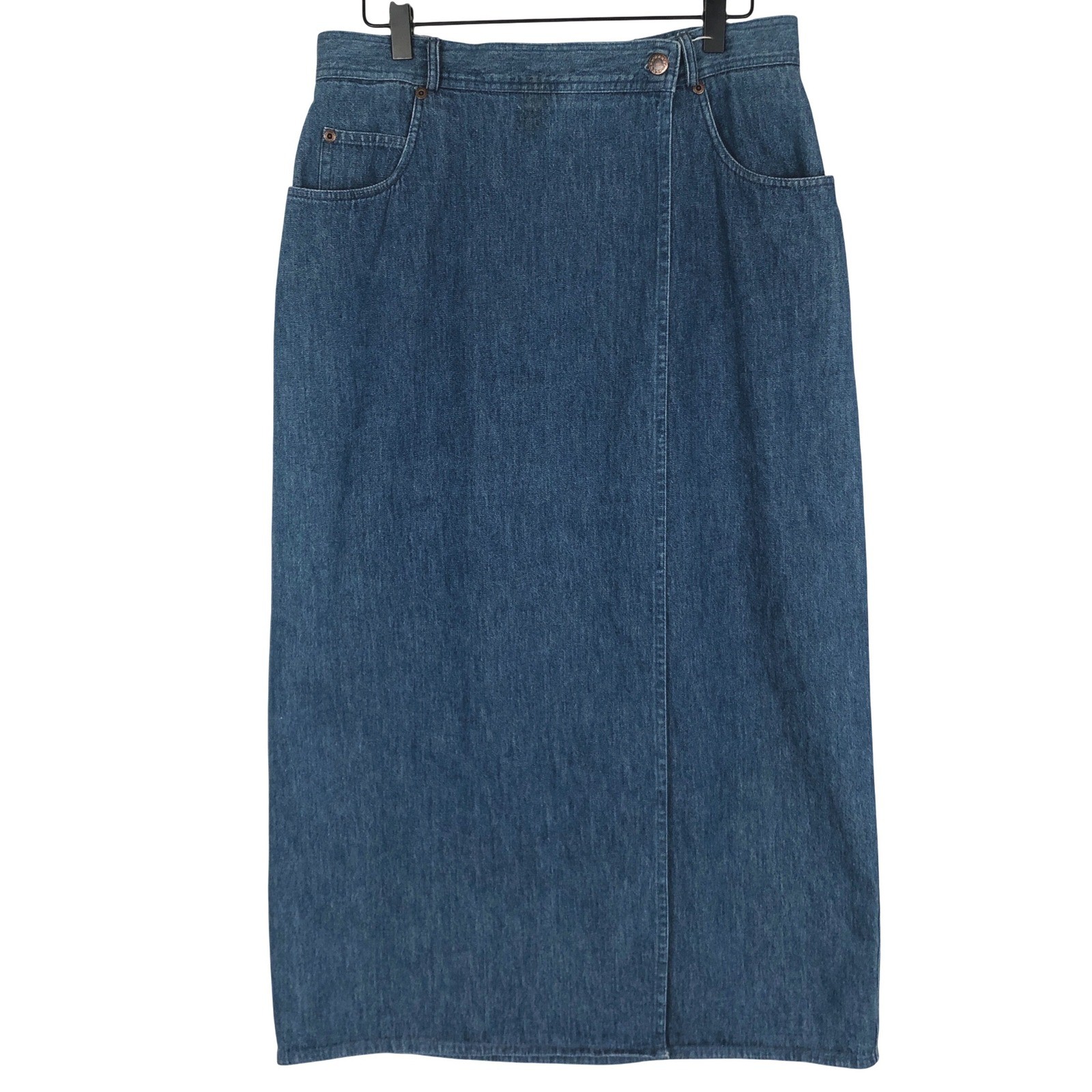 VTG Bushwacker USA Denim Wrap Midi Skirt Sz 14 Medium Wash Blue Jean Western