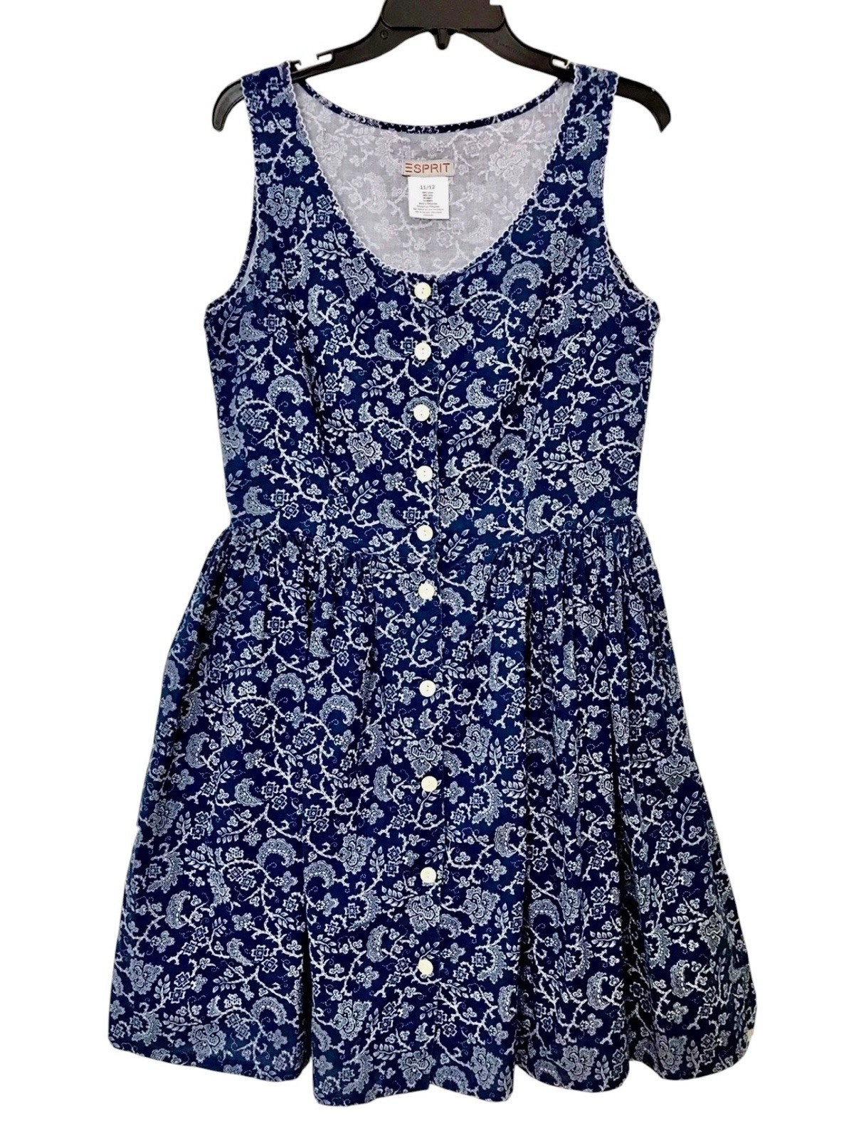Esprit Vintage 80’s Womens 11/12 Navy White Floral Batik Print Tank Style Dress
