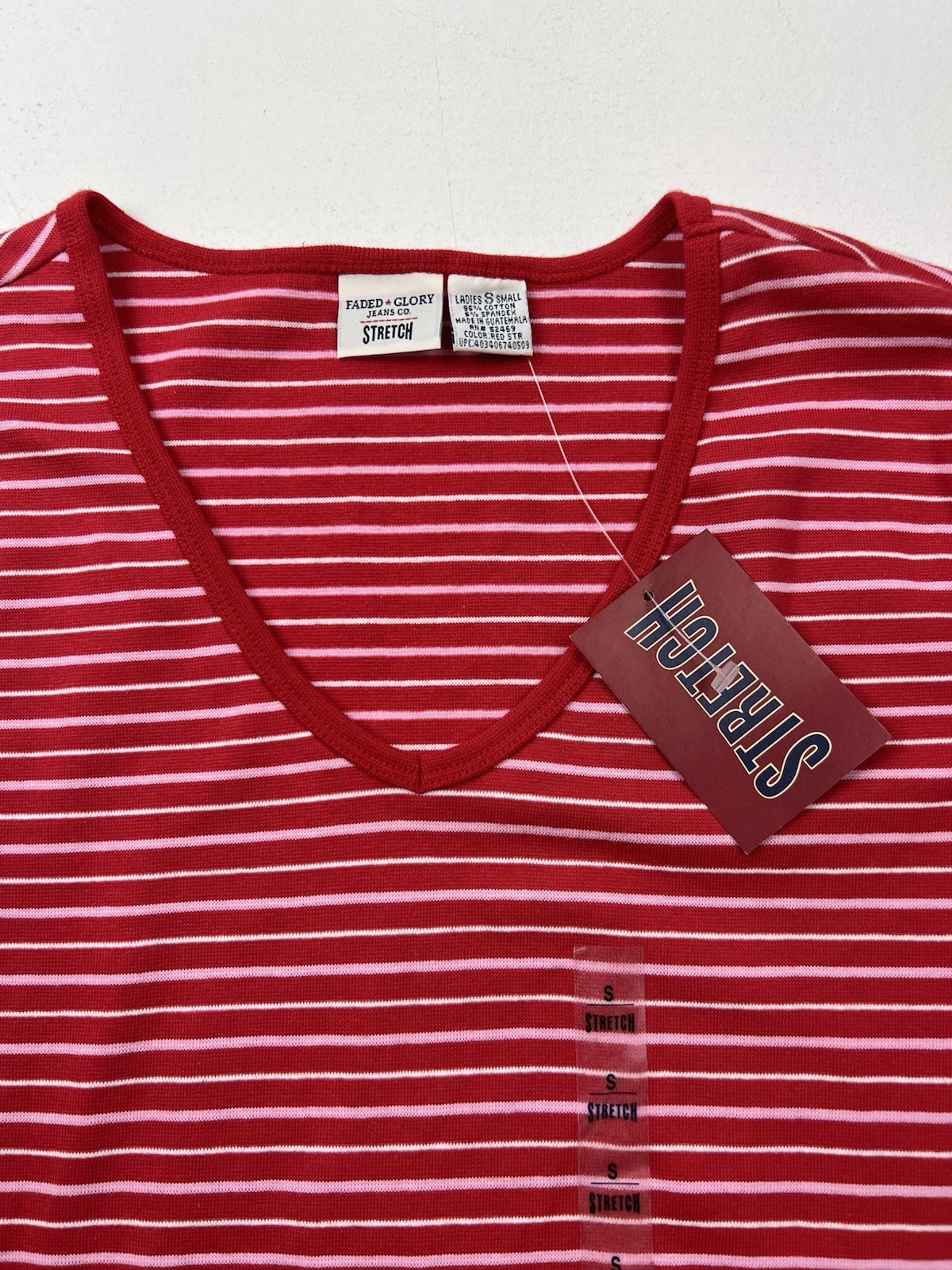 NOS Vtg Y2K Faded Glory Red Striped V-neck S/S Top Stretch Knit Preppy Nautical