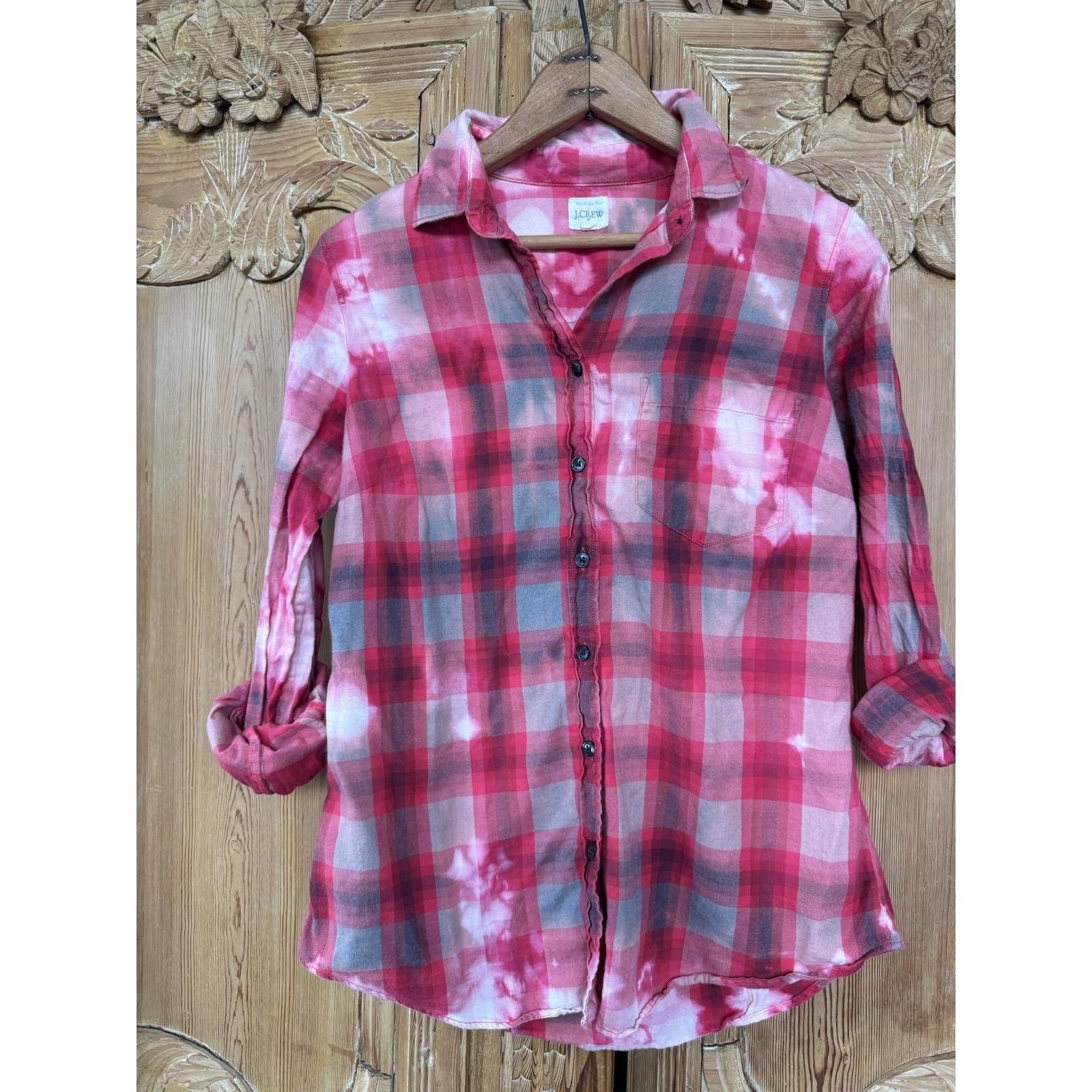 Upcycled J.Crew Pink Red Plaid Shirt Small Vintage Image „Forget Me Not” Back