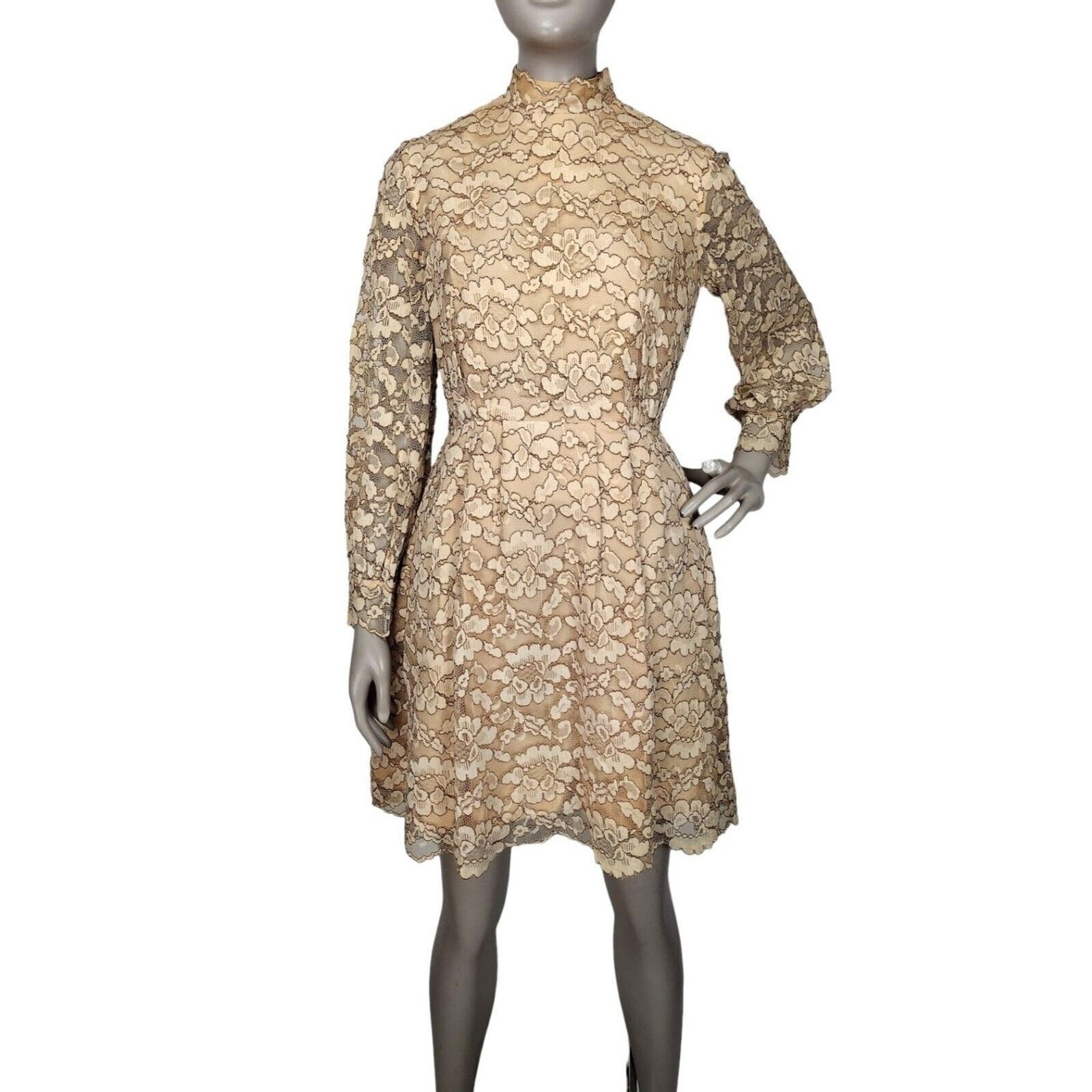Vintage 60s Beige Gold Floral Lace Scalloped Edge Balloon Sleeve Mini Dress