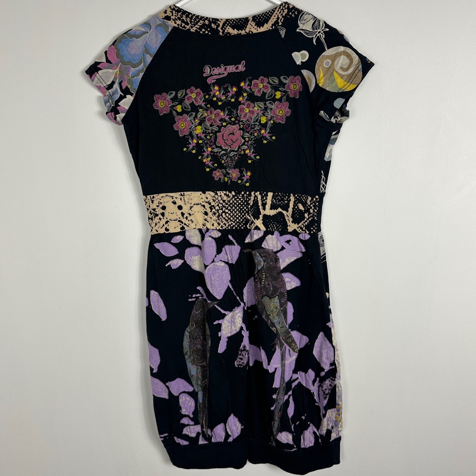 Desigual Y2K Floral Mini Dress Womens Size Large Pockets V-Neck Art Deco 11V2110
