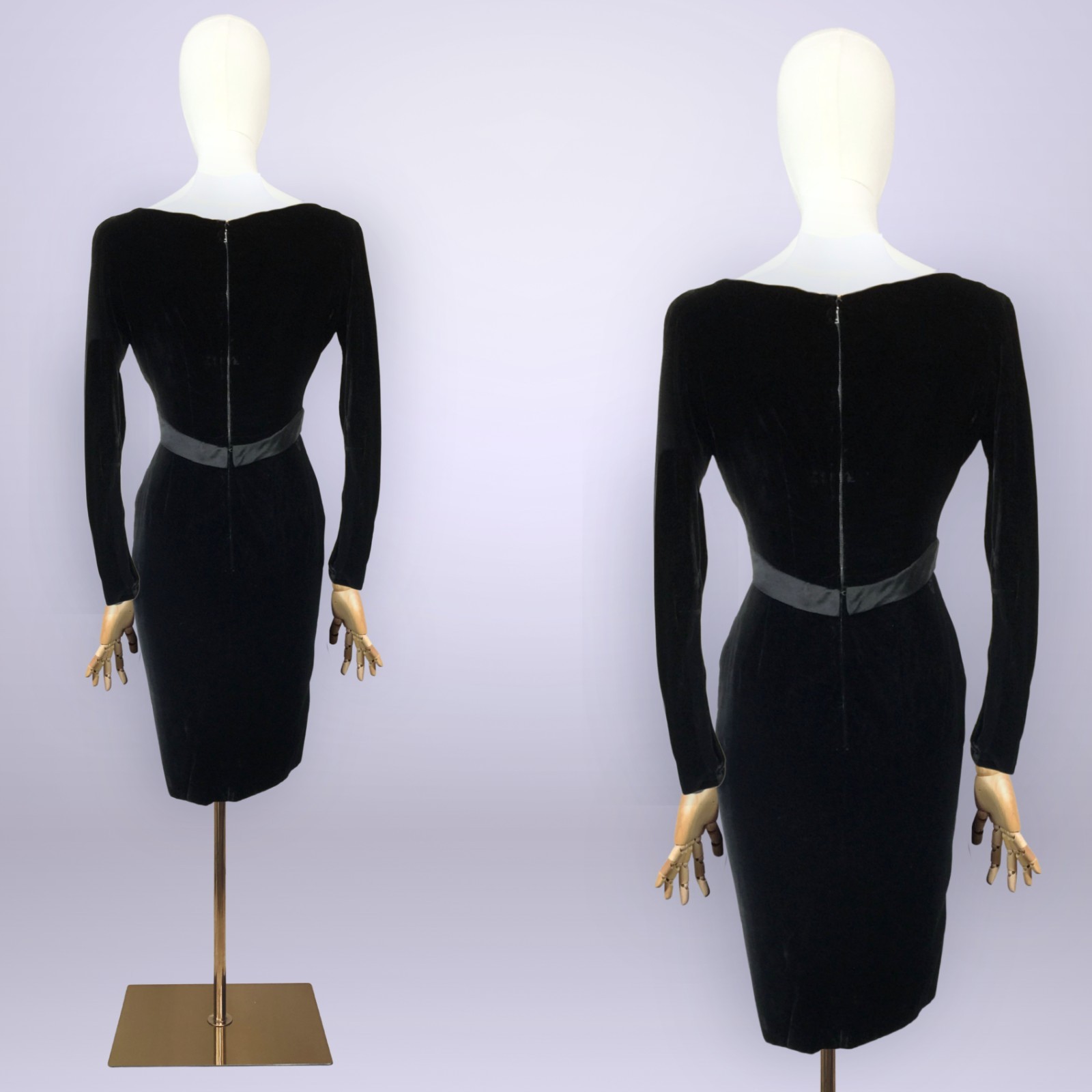 VINTAGE 50s Velvet Wiggle Bombshell Dress with Bow & Shelf Bust 36B/ 27W VFG