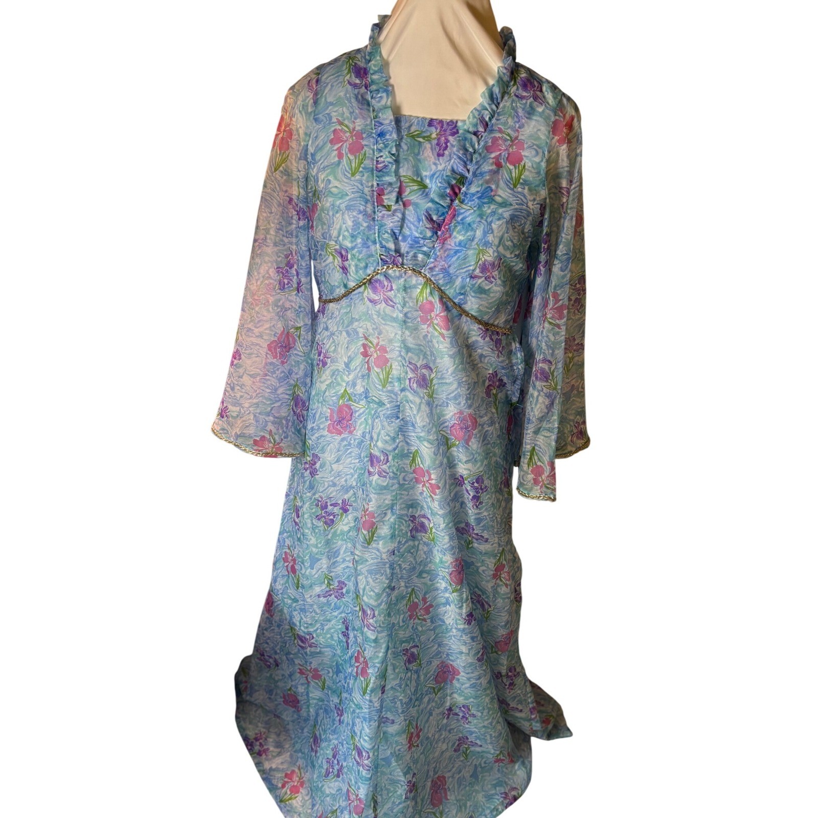 Vintage 60s Mad Men flower Dress Set, Sheer Layered Gown Bell Sleeve S/M