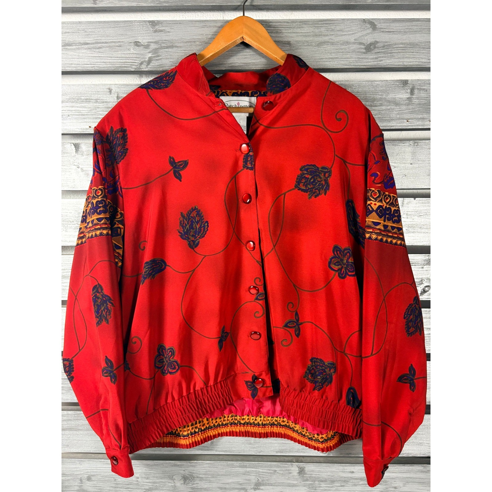 Patchington Vintage Red Floral Paisley Bomber Jacket Womens XL Button Up 90s
