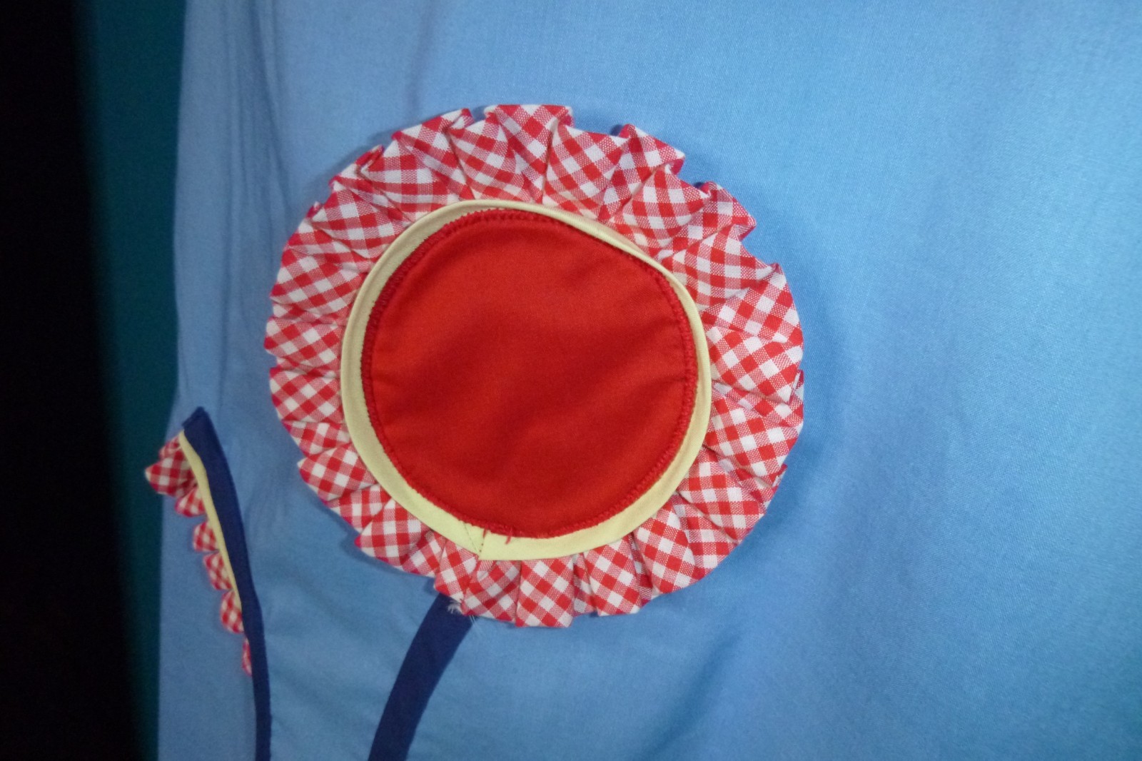 Vtg 60s Charmode House Dress Shift Blue W/ Red Gingham 3D Flower & Trim Sz S/M