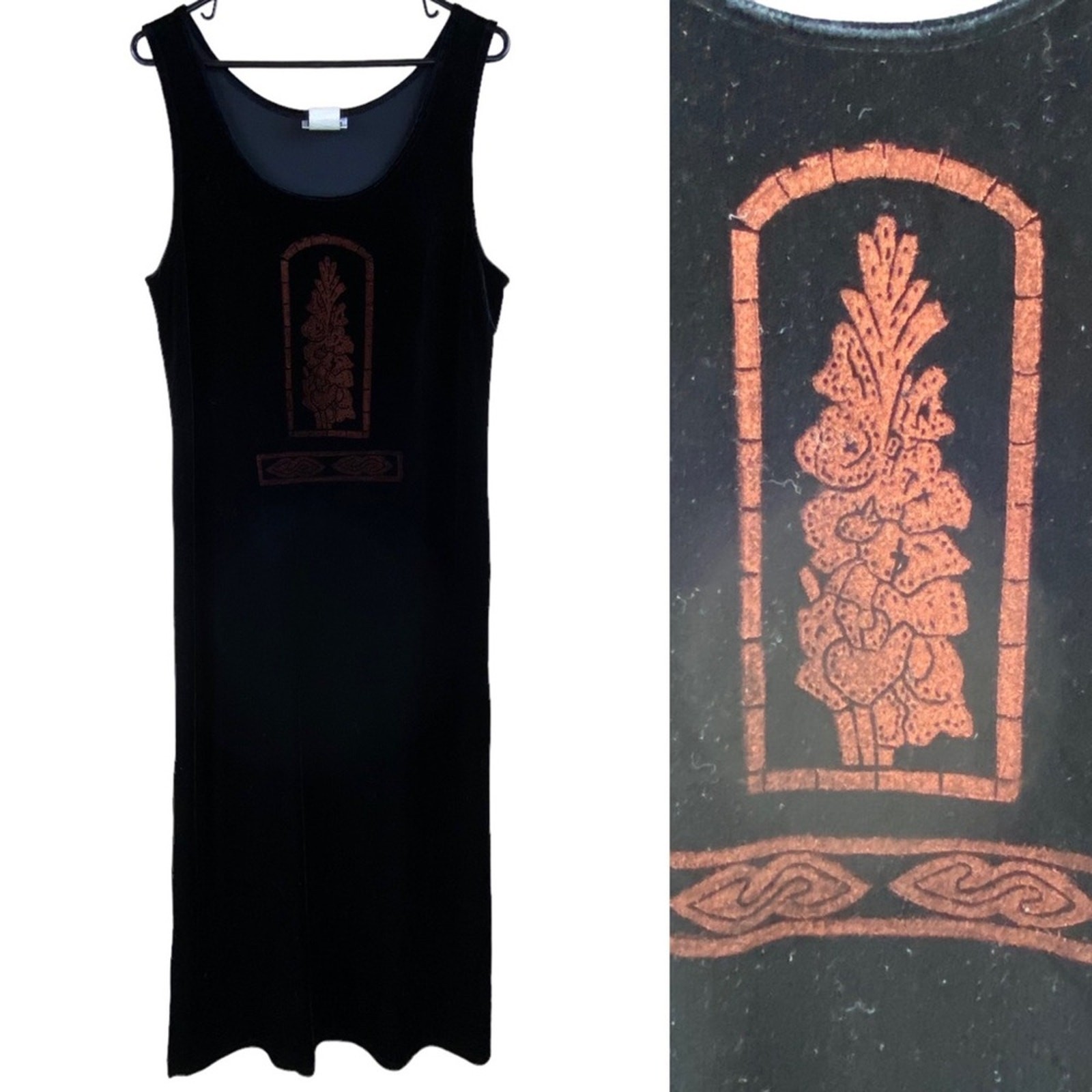 Vintage Boho Black Velvet Sleeveless Midi Dress with Bronze Stamp Graphic Sz 8