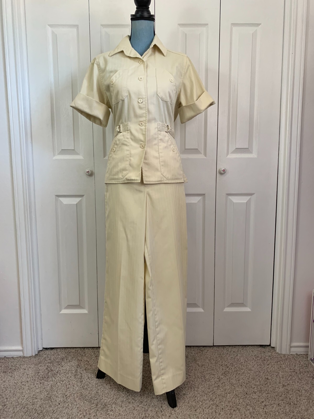 Vintage 70’s College Town High Waist Hippie Bell Bottom Safari Retro Top Set 36″