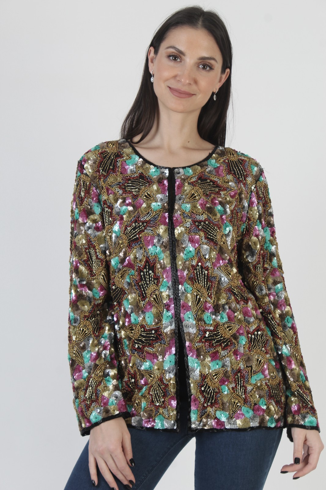 Vintage 80s Beaded Sequin Blazer Colorful Encrusted Sparkle Cropped Jacket