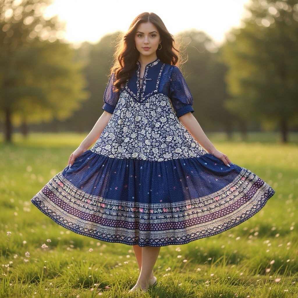 Vintage 1970s Indian Block Print Floral Semi Sheer Blue Boho Midi Vintage Dress