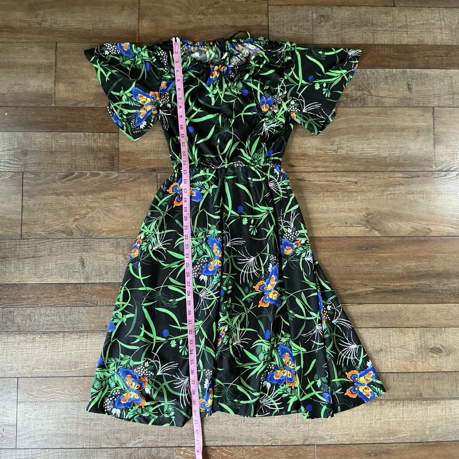 70s VINTAGE Yves Jennet Tropical Floral Midi Dress Size 14 Black Butterfly #6D6