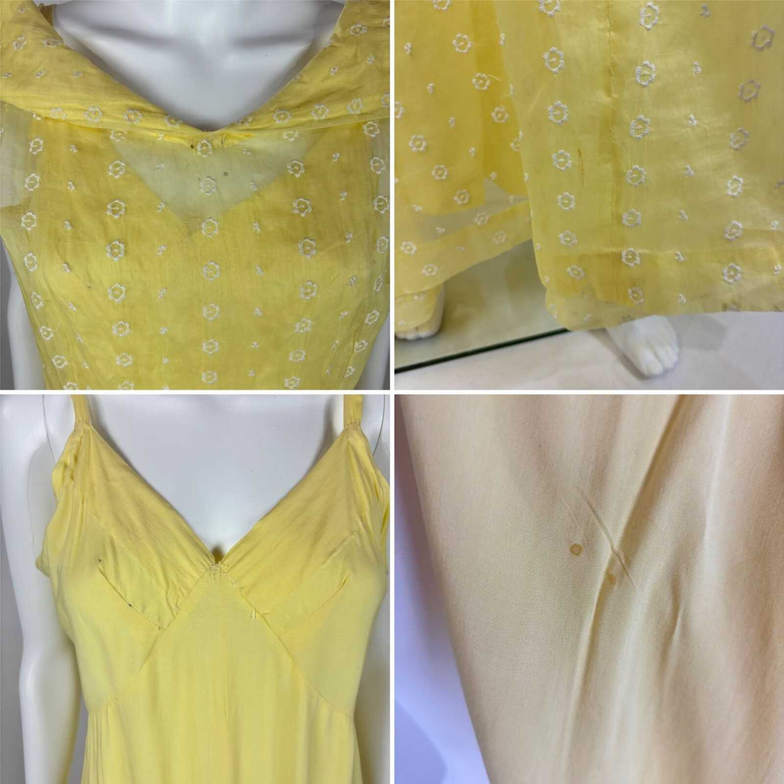Vintage 30s Yellow Gown Women’s Medium Sheer Floral Embroidered Garden Party Dre