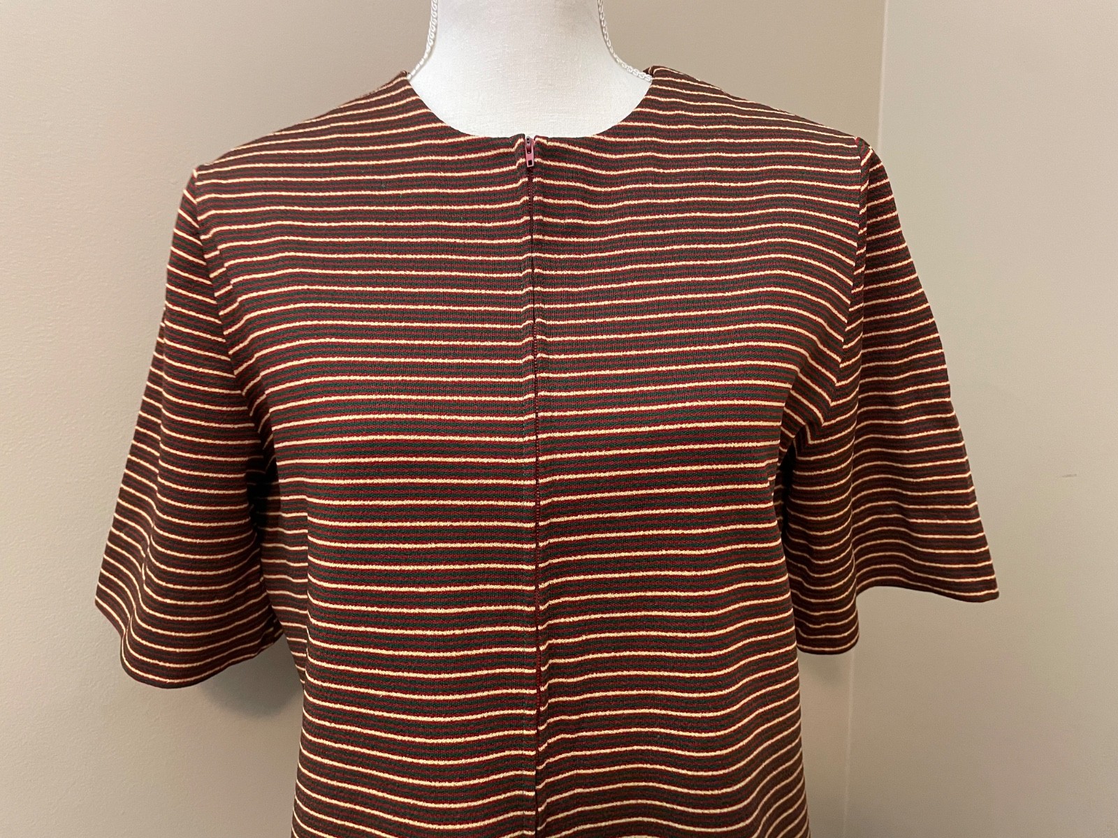 Vintage 70s Handmade Zip Front Tunic Top L Burnt Orange Green Striped Pockets