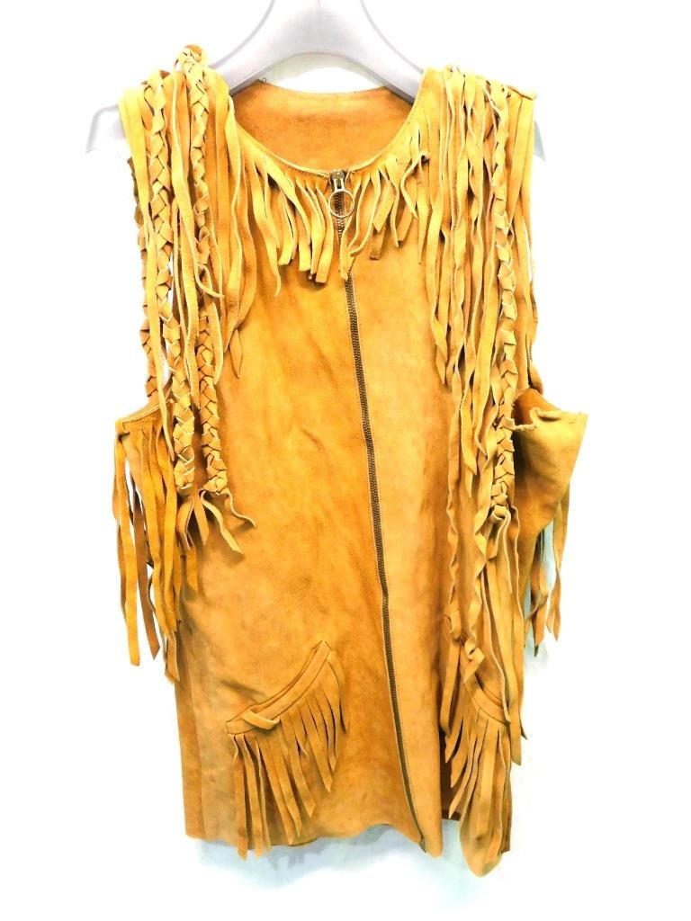 Vintage S Brown Suede Leather Fringe Vest Jacket Full Zip Western Hippie READ