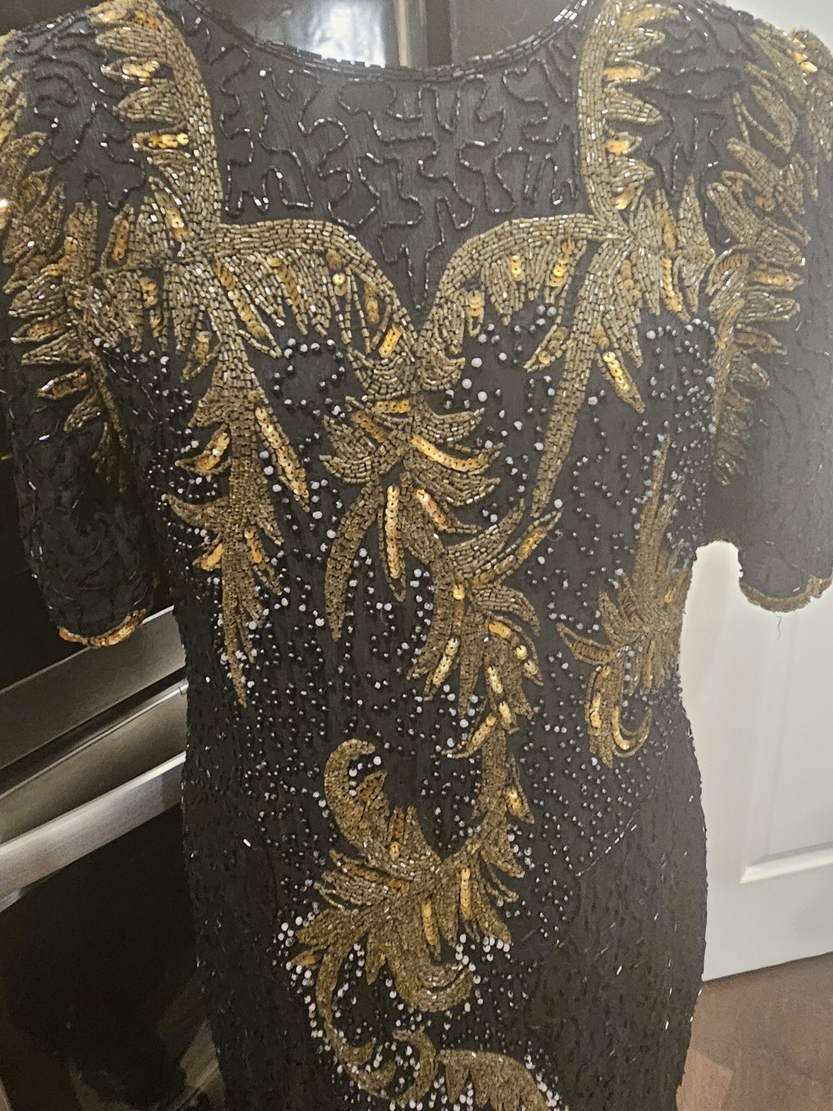 Vintage Black And Gold Beaded Interlude Sequin Cocktail Silk Cocktail Dress…