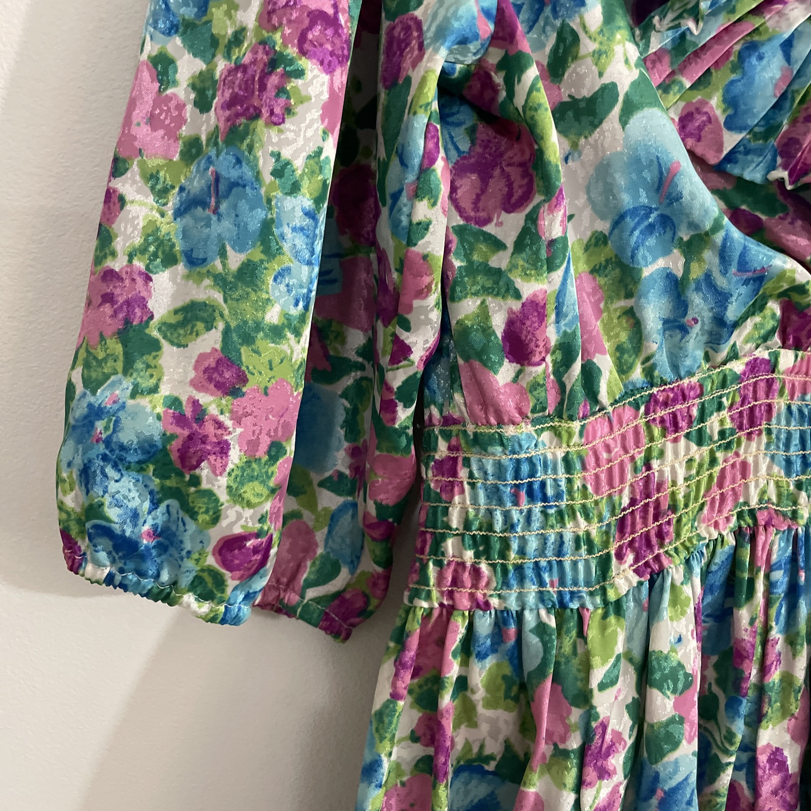 Vintage Susan Freis Floral Ruffled Midi Dress XS Smocked Waist 3/4 Sleeve AOP