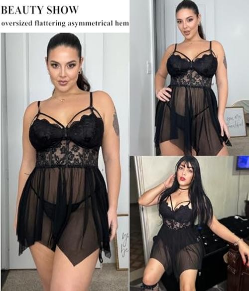 Plus Size Lingerie Mesh Lace Lingerie Top Babydoll Lingerie Exotic Large Black