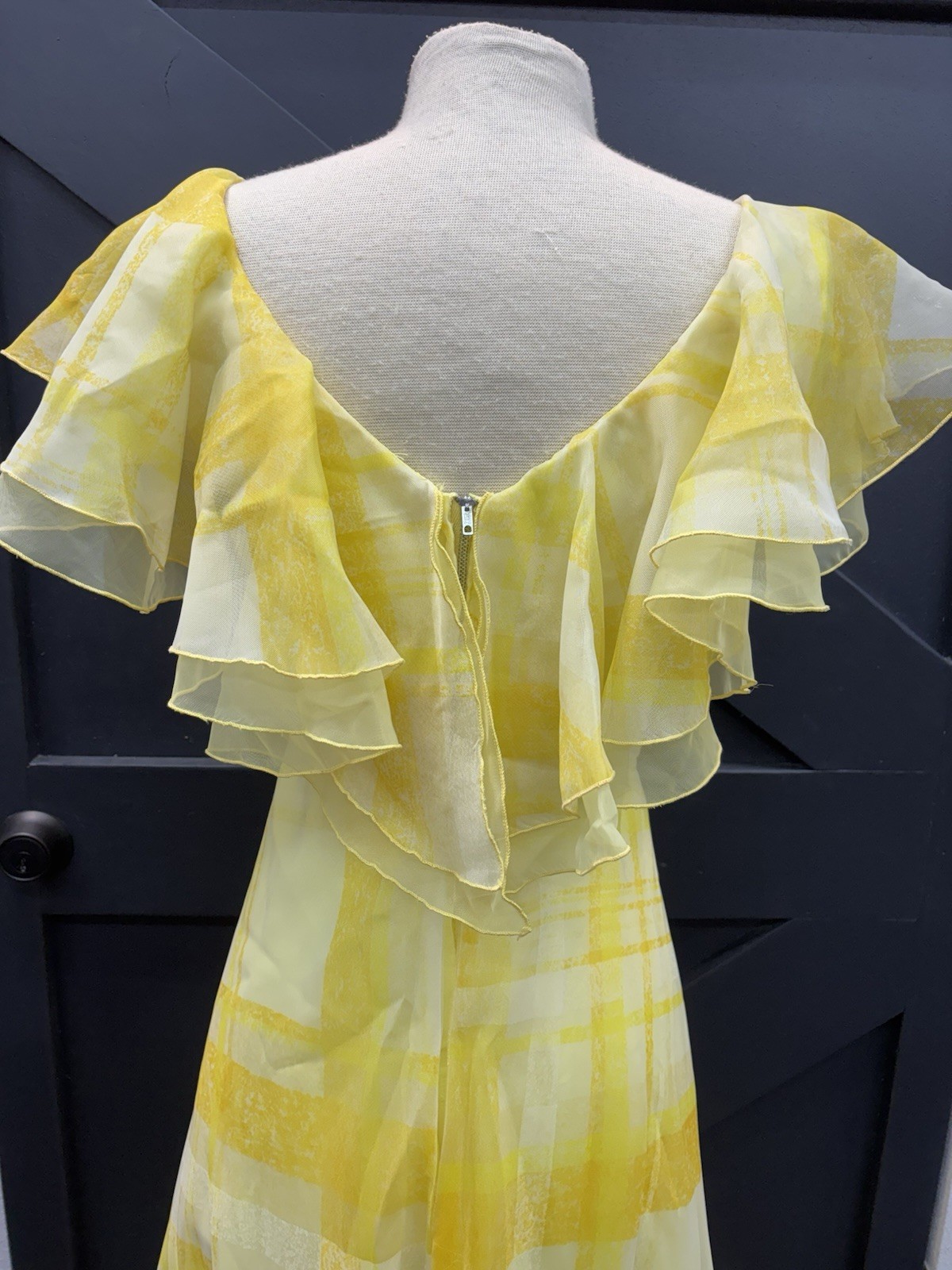 1970s Yellow Plaid Ruffled Floral Party Maxi Dress Gown Summer Spring ILGWU VTG