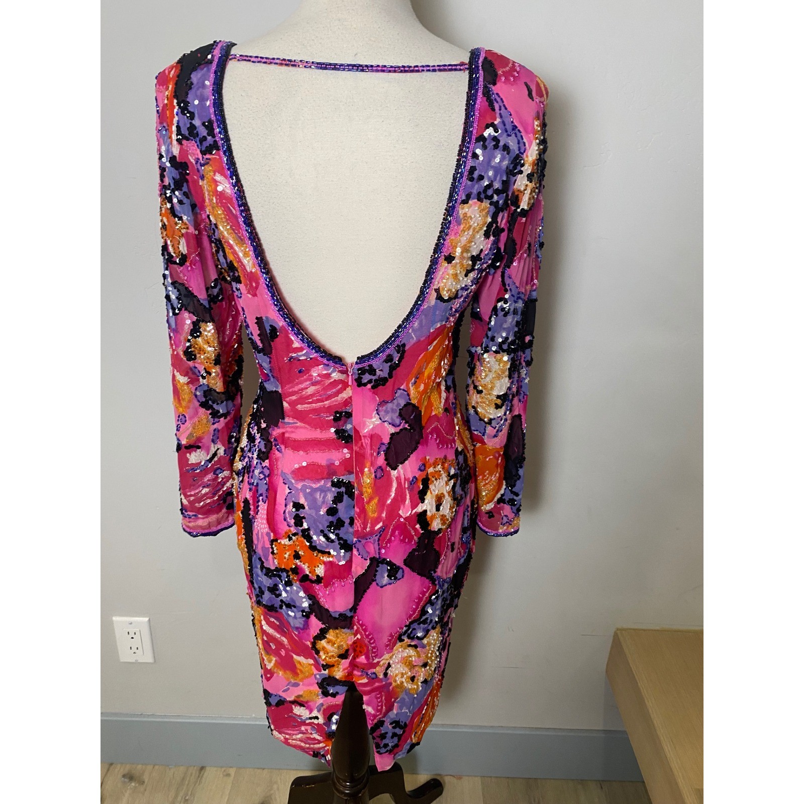 Vintage Miss Jackson Silk Beaded Sequin Dress Pink Abstract Floral Deep Back 8