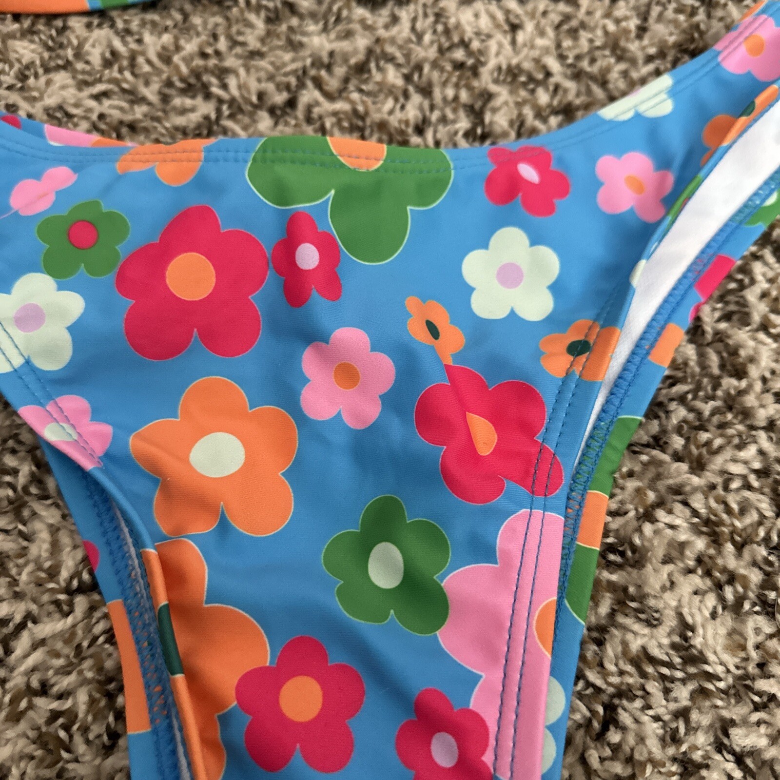 Vintage Style 60’s Women’s Bikini Blue Pink Orange Flowers Hippie High Waist M